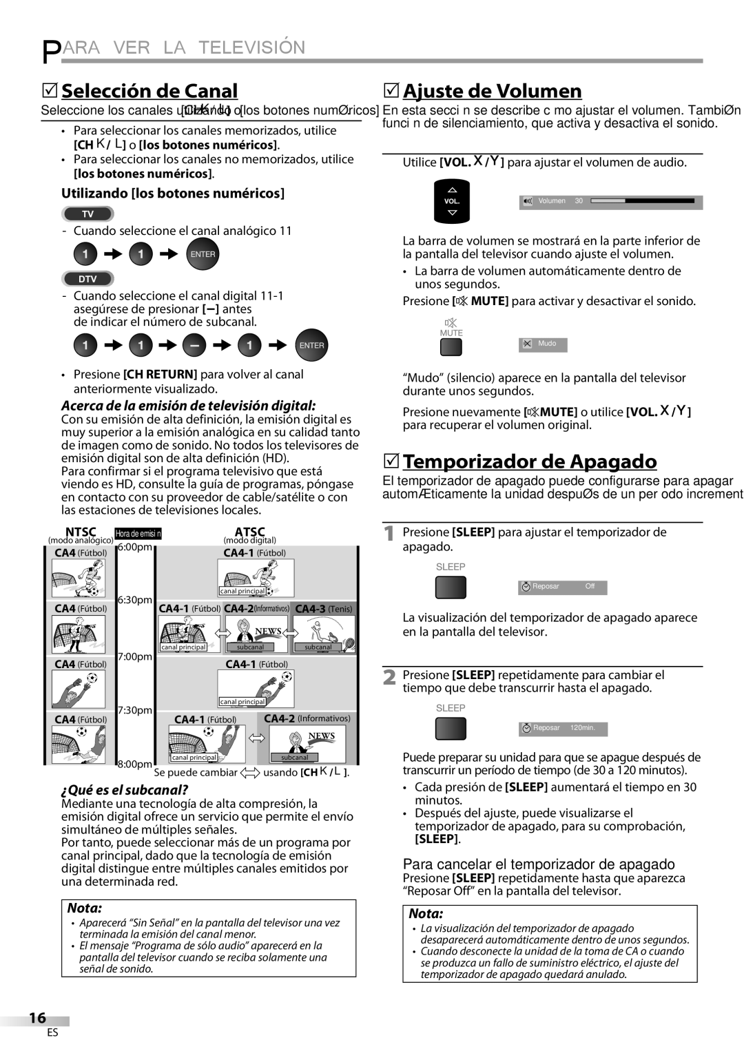 Univex LD190SS1, A9DN1UH Para VER LA Televisión,  Selección de Canal,  Ajuste de Volumen,  Temporizador de Apagado 