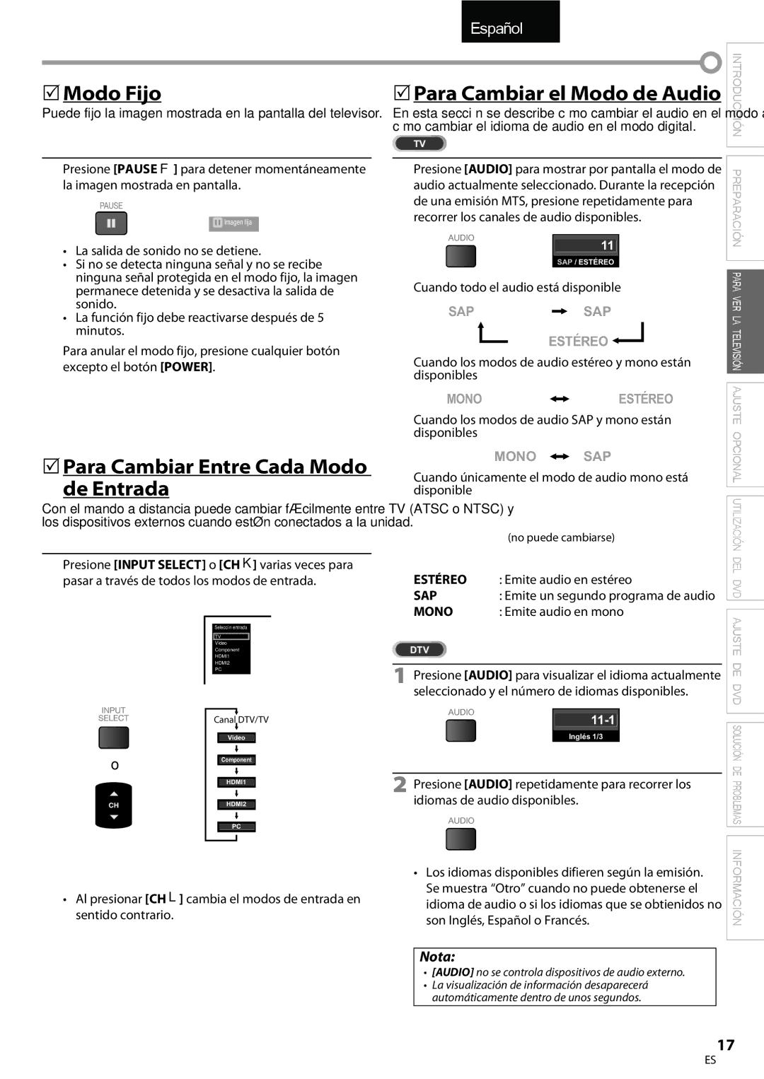 Univex A9DN1UH, LD190SS1 owner manual  Modo Fijo,  Para Cambiar Entre Cada Modo De Entrada, SAP / Mono SAP / Mono, Estéreo 