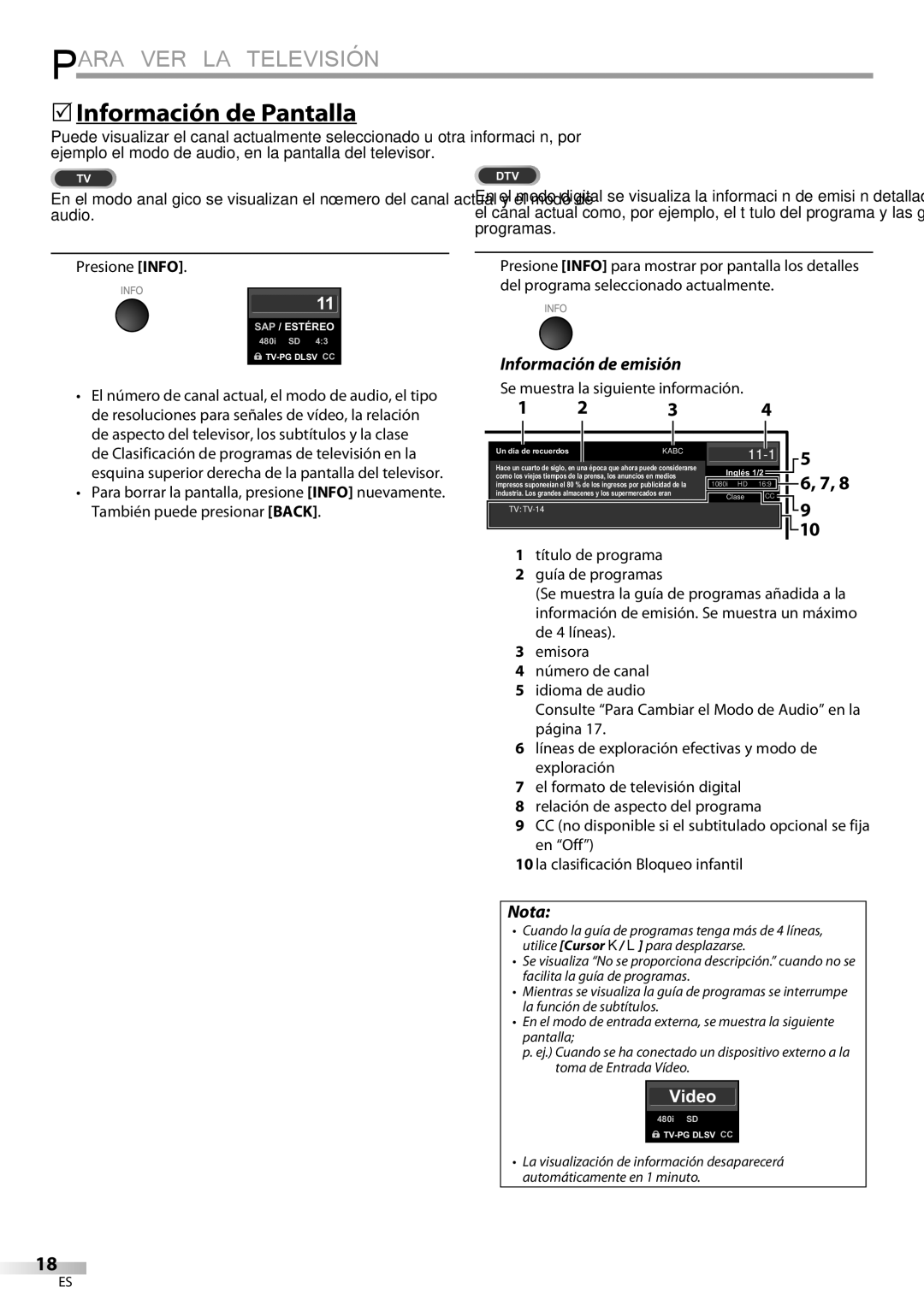 Univex LD190SS1  Información de Pantalla, Información de emisión, Presione Info, Se muestra la siguiente información 