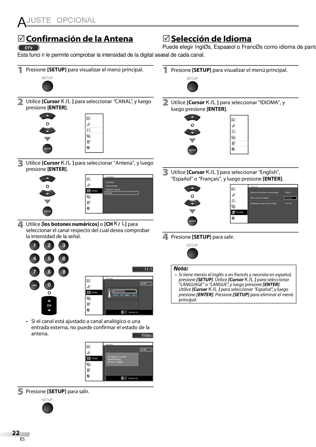 Univex LD190SS1, A9DN1UH owner manual  Confirmación de la Antena,  Selección de Idioma, Antena.Video 