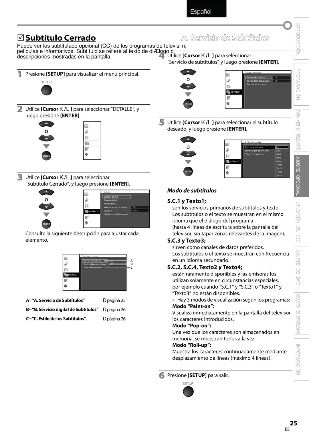 Univex A9DN1UH, LD190SS1 owner manual  Subtítulo Cerrado, Modo de subtítulos, y Texto1, y Texto3, 2, S.C.4, Texto2 y Texto4 