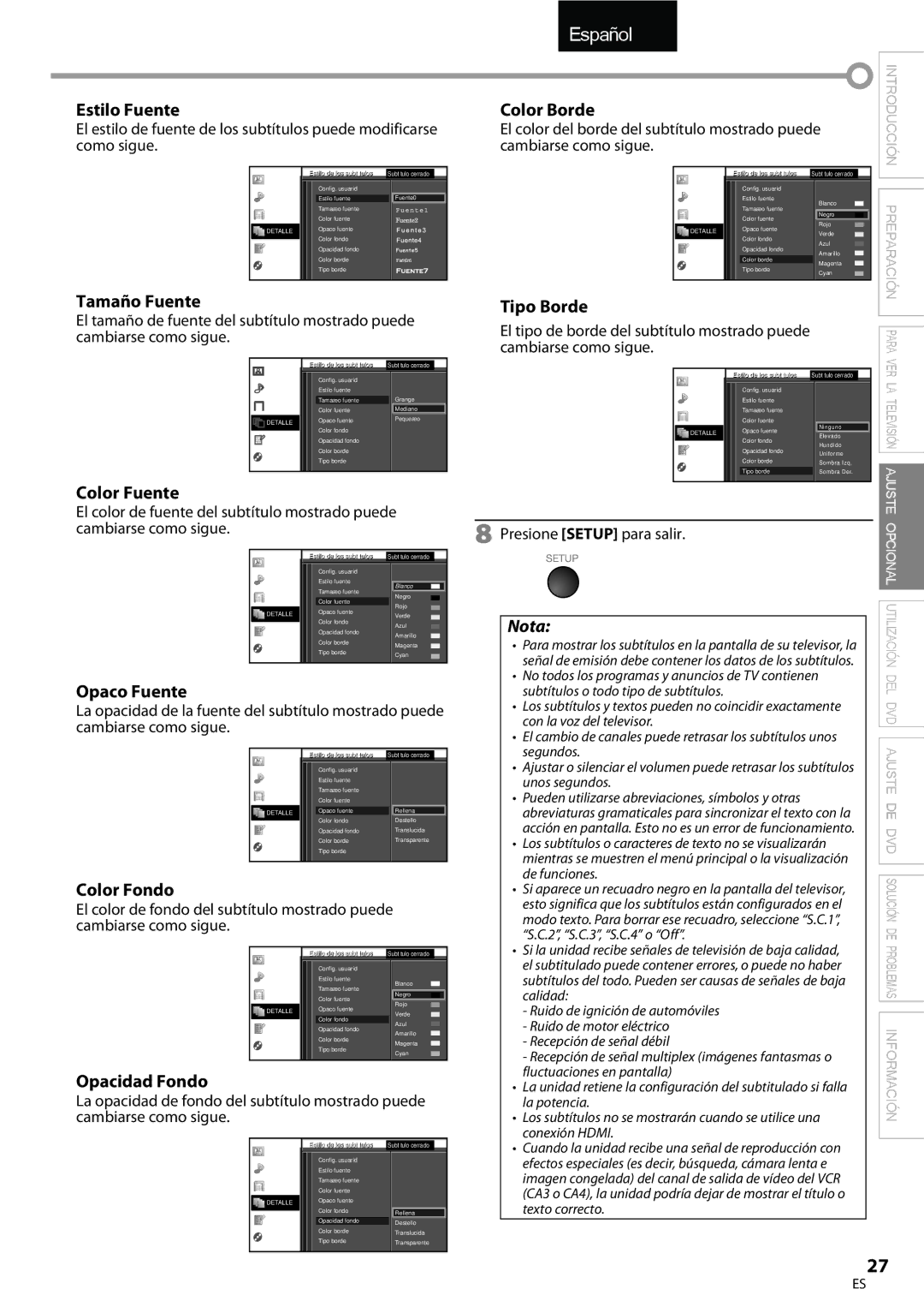 Univex A9DN1UH, LD190SS1 owner manual Tamaño Fuente, Tipo Borde, Opaco Fuente, Color Fondo, Opacidad Fondo 