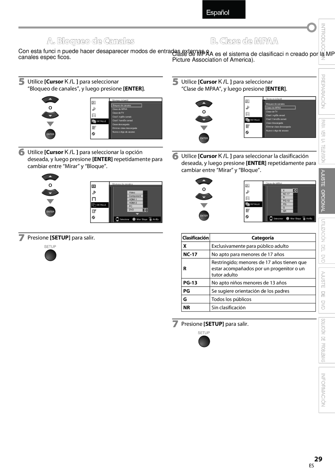 Univex A9DN1UH, LD190SS1 owner manual Bloqueo de Canales, Clase de Mpaa, Categoría, De canales l, De Mpaa 