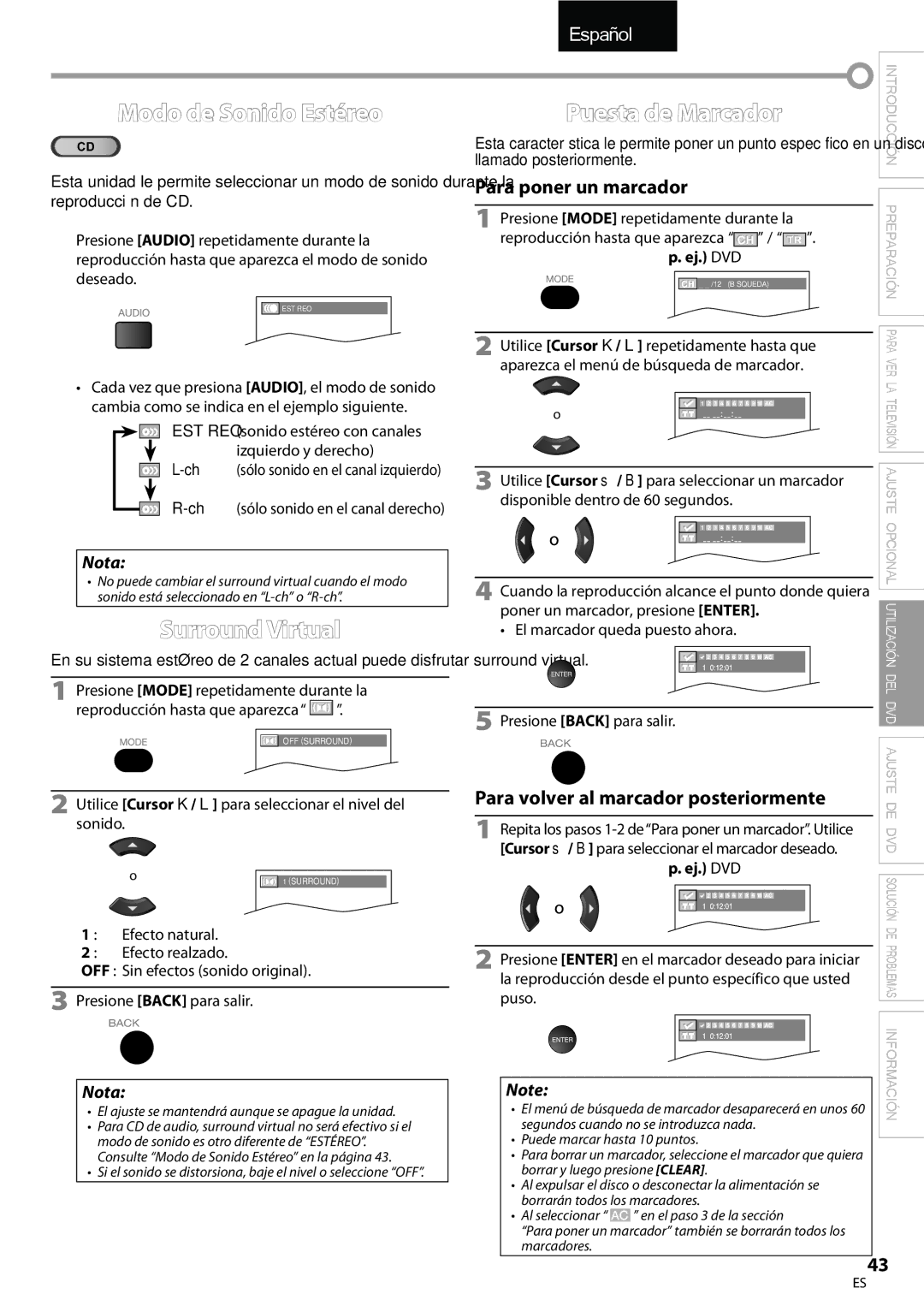 Univex A9DN1UH, LD190SS1 owner manual Modo de Sonido Estéreo, Puesta de Marcador, Surround Virtual 