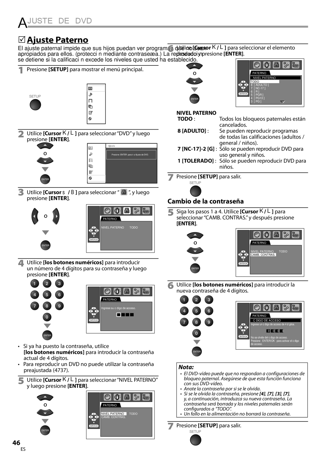 Univex LD190SS1, A9DN1UH owner manual  Ajuste Paterno, Nivel Paterno, Si ya ha puesto la contraseña, utilice 