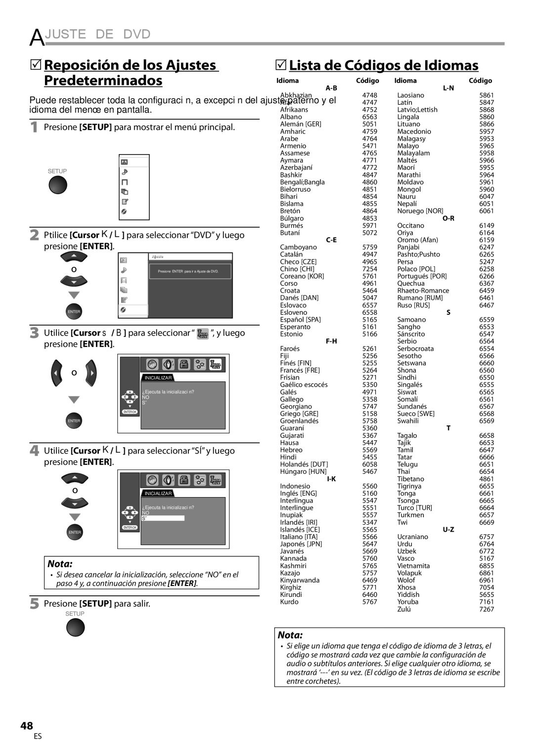 Univex LD190SS1, A9DN1UH owner manual  Lista de Códigos de Idiomas,  Reposición de los Ajustes Predeterminados 