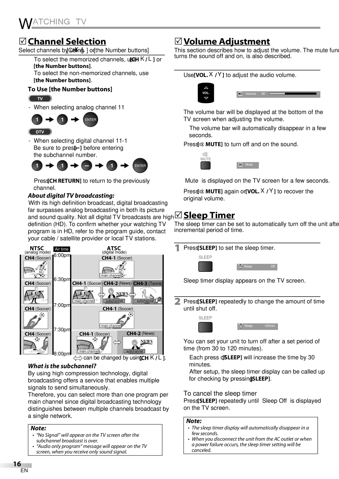 Univex LD190SS1, A9DN1UH owner manual Watching TV,  Channel Selection,  Volume Adjustment,  Sleep Timer 