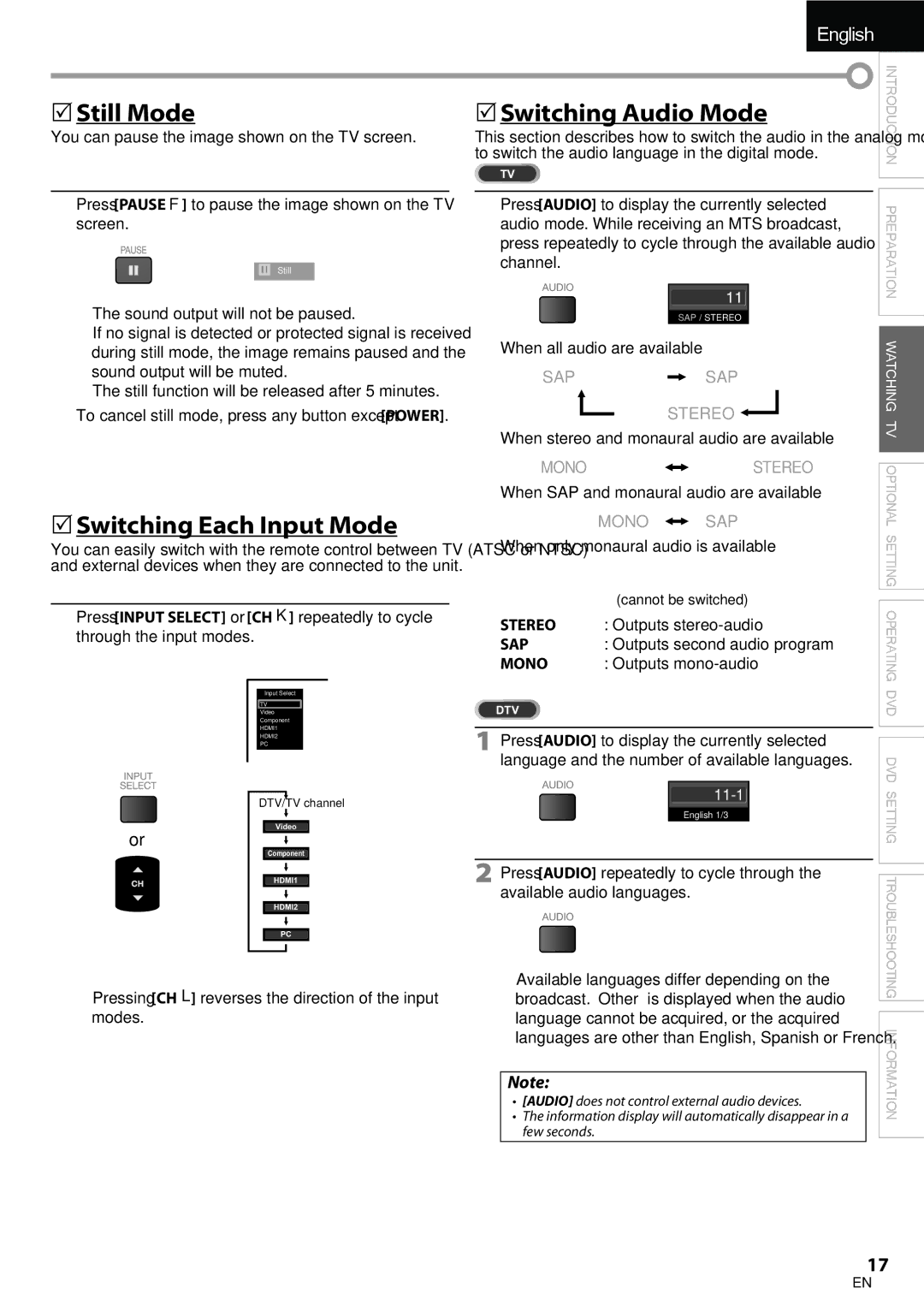 Univex A9DN1UH, LD190SS1 owner manual  Still Mode,  Switching Each Input Mode, Switching Audio Mode 