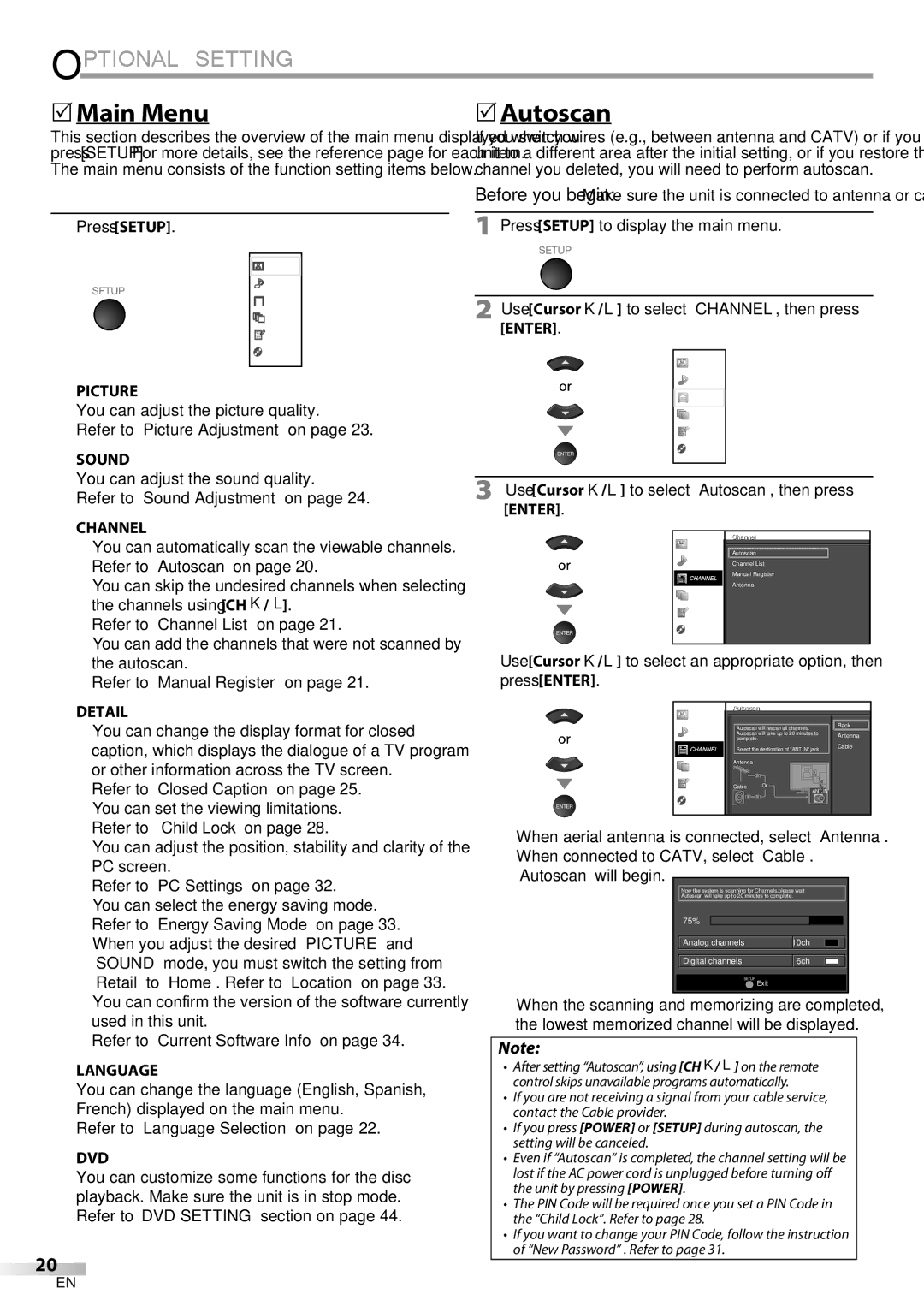 Univex LD190SS1, A9DN1UH owner manual Optional Setting,  Main Menu,  Autoscan 