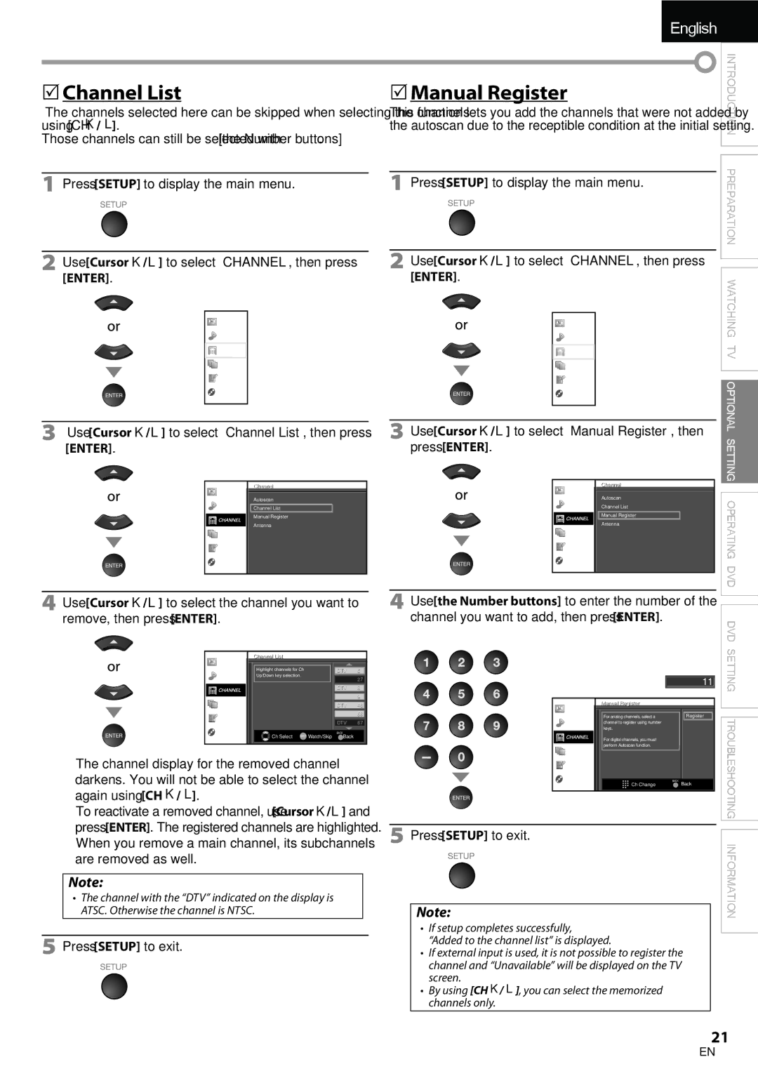 Univex A9DN1UH, LD190SS1 owner manual Channel List Manual Register, Using CH K/L 