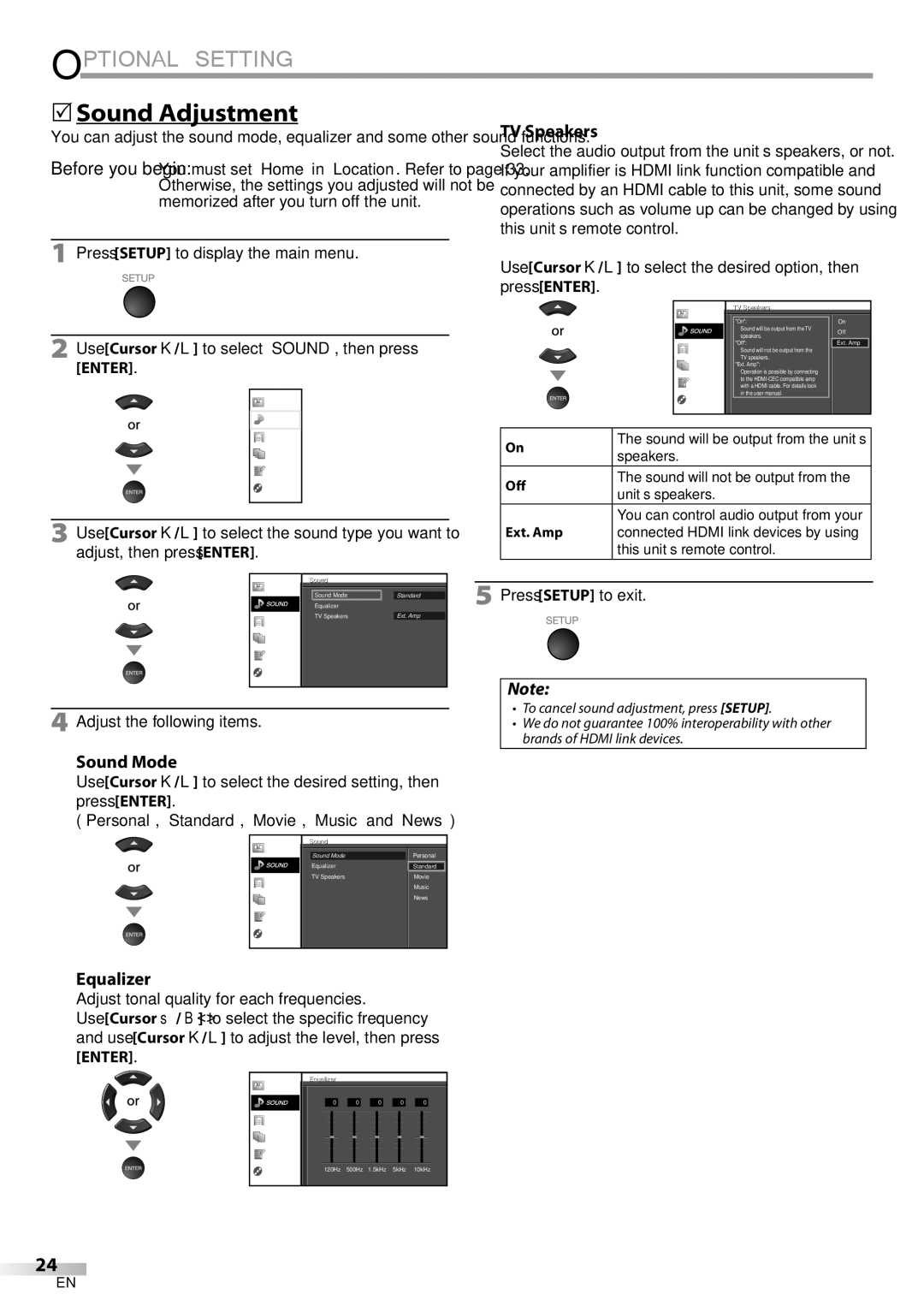 Univex LD190SS1, A9DN1UH owner manual  Sound Adjustment, Sound Mode, TV Speakers, Equalizer, Adjust the following items 