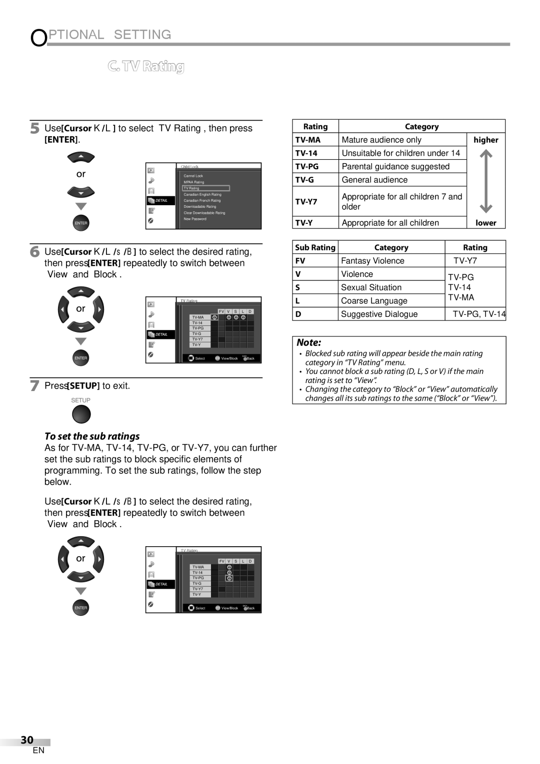 Univex LD190SS1, A9DN1UH owner manual To set the sub ratings, Use Cursor K/L to select TV Rating, then press 