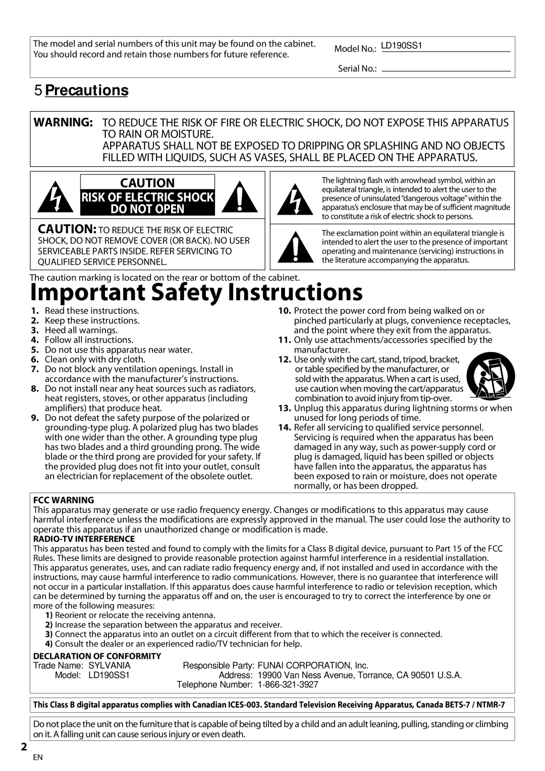 Univex LD190SS1, A9DN1UH owner manual  Precautions, FCC Warning, Model, Address 