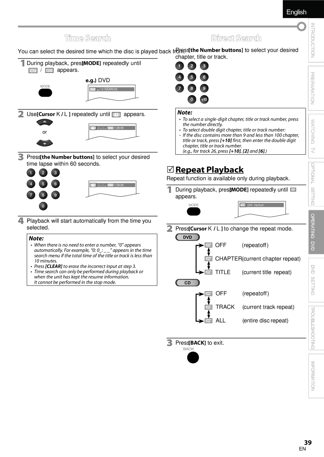 Univex A9DN1UH, LD190SS1 owner manual Time Search, Direct Search, Repeat Playback 