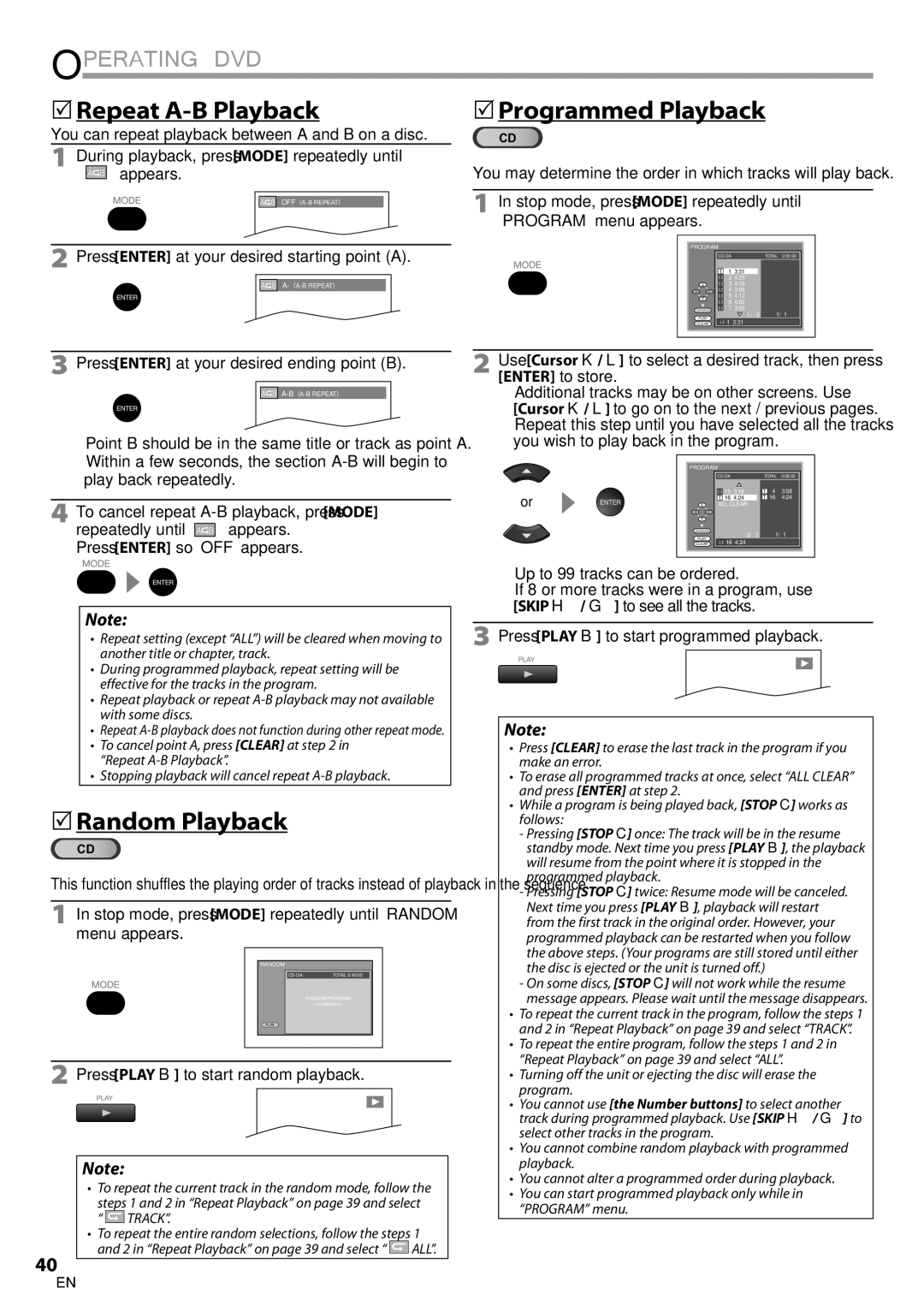 Univex LD190SS1, A9DN1UH owner manual Repeat A-B Playback Programmed Playback,  Random Playback 