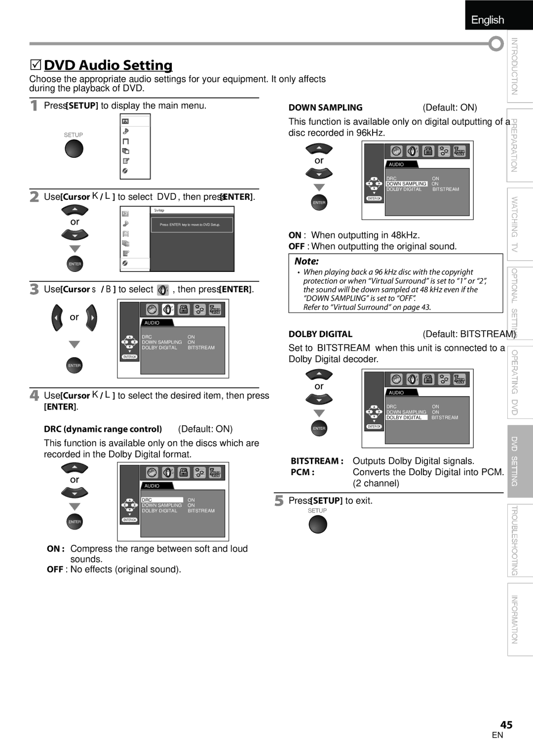 Univex A9DN1UH, LD190SS1 owner manual  DVD Audio Setting, Down Sampling 