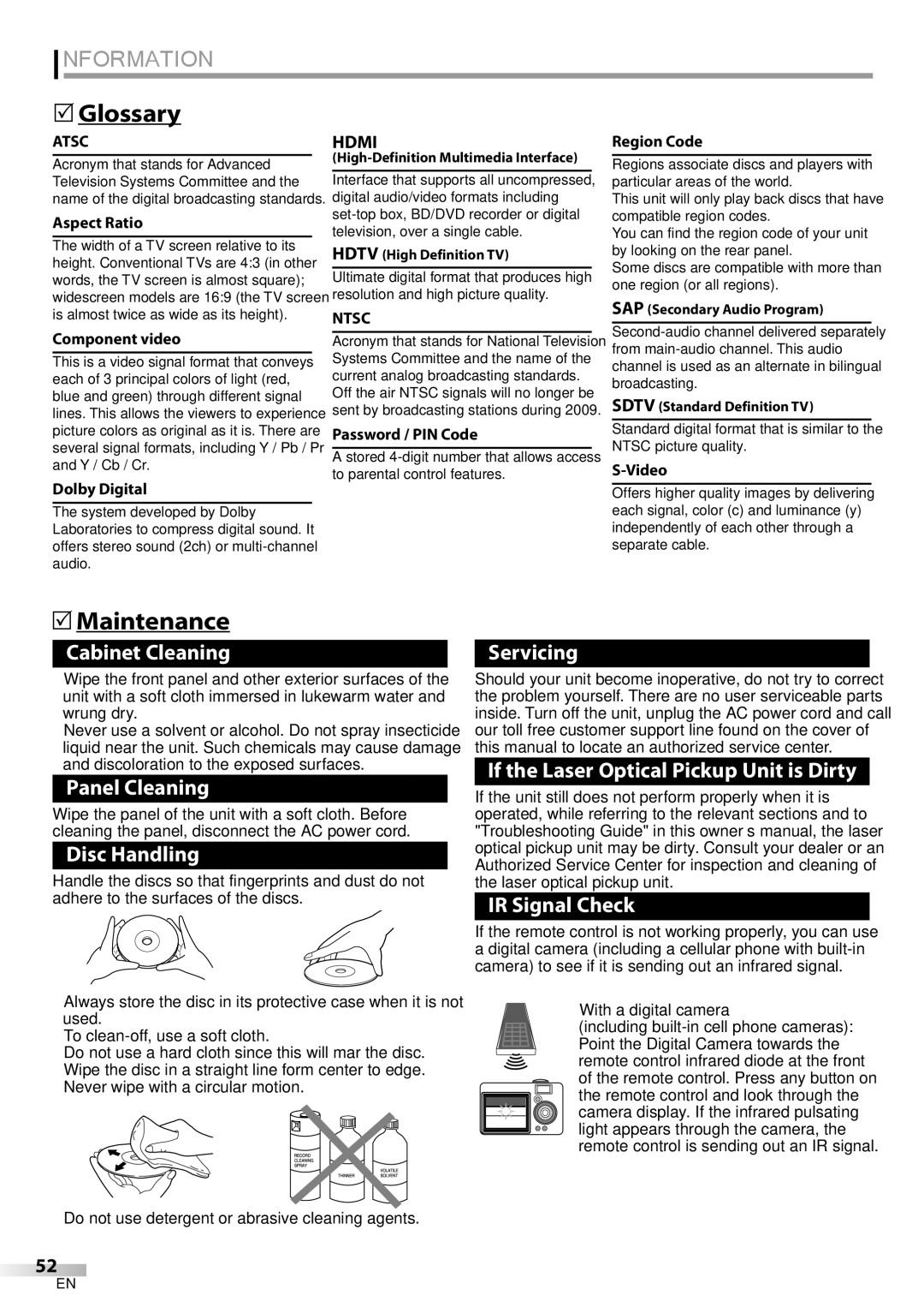 Univex LD190SS1, A9DN1UH owner manual Information,  Glossary,  Maintenance, Ntsc 