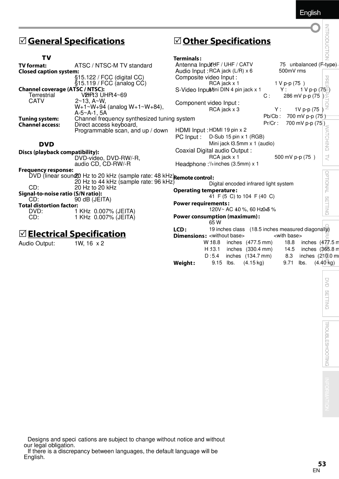 Univex A9DN1UH, LD190SS1 owner manual  General Specifications,  Electrical Specification, Other Specifications, Catv, Lcd 