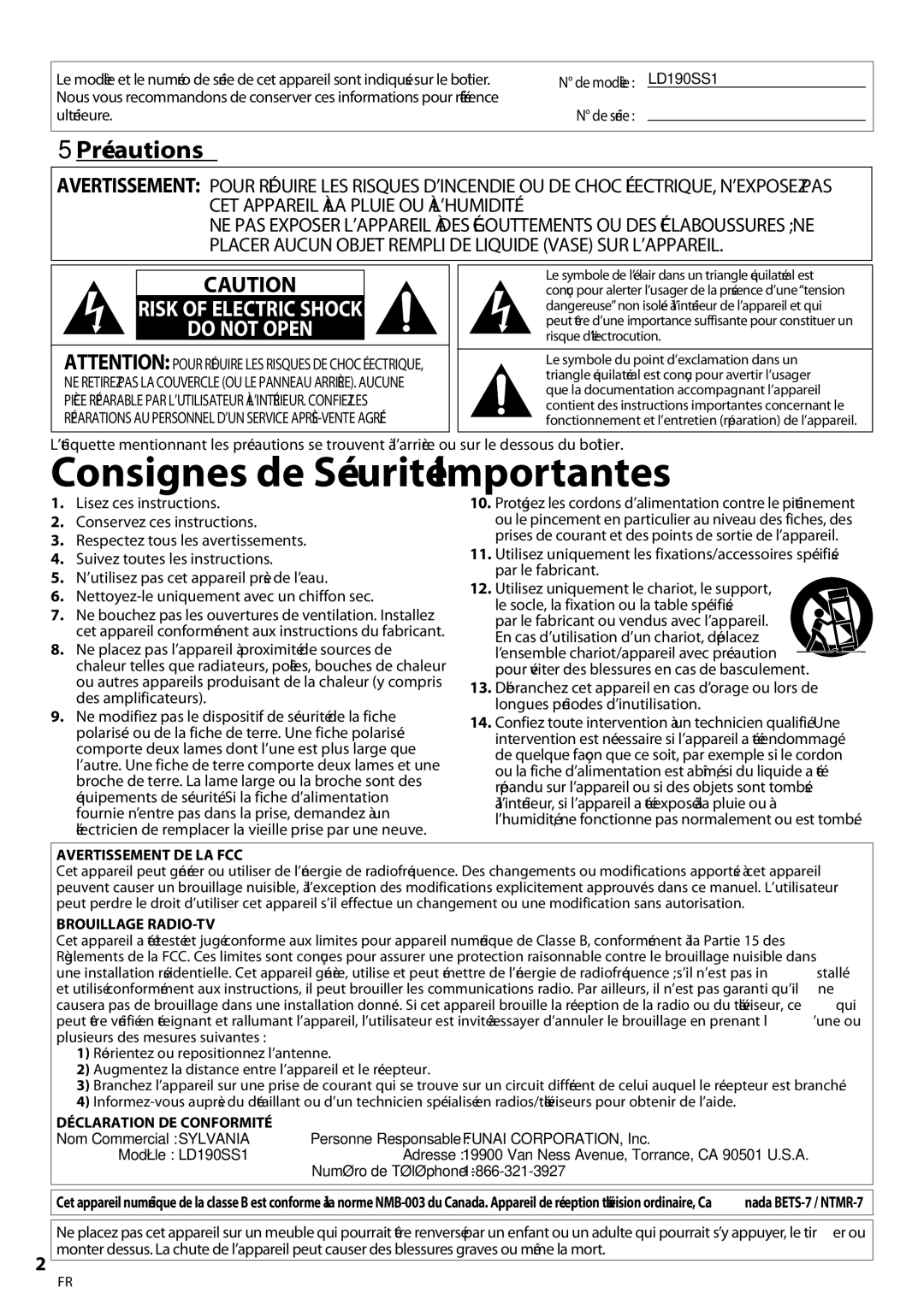 Univex A9DN1UH owner manual  Précautions, Ultérieure, Personne Responsable Funai CORPORATION, Inc, Modèle LD190SS1 