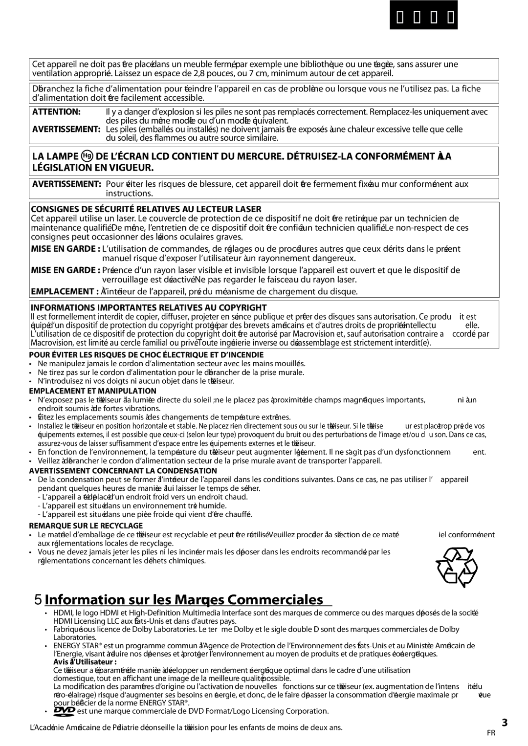 Univex LD190SS1, A9DN1UH  Information sur les Marques Commerciales, Consignes DE Sécurité Relatives AU Lecteur Laser 