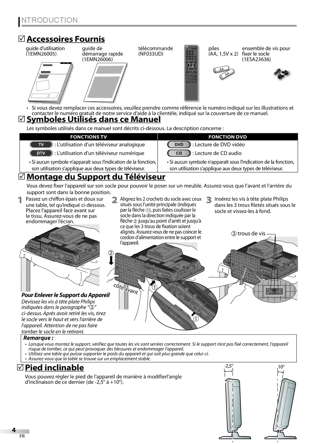 Univex A9DN1UH  Accessoires Fournis,  Symboles Utilisés dans ce Manuel,  Montage du Support du Téléviseur, Remarque 