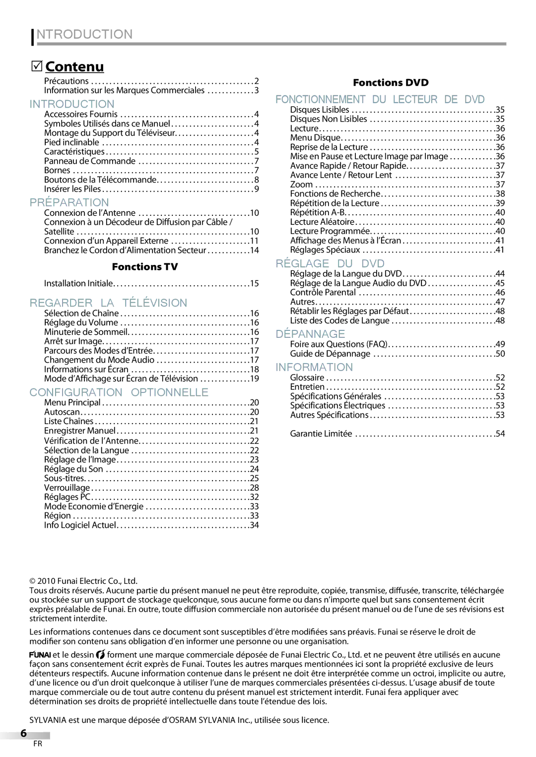 Univex A9DN1UH, LD190SS1 owner manual  Contenu, Fonctions TV, Fonctions DVD 