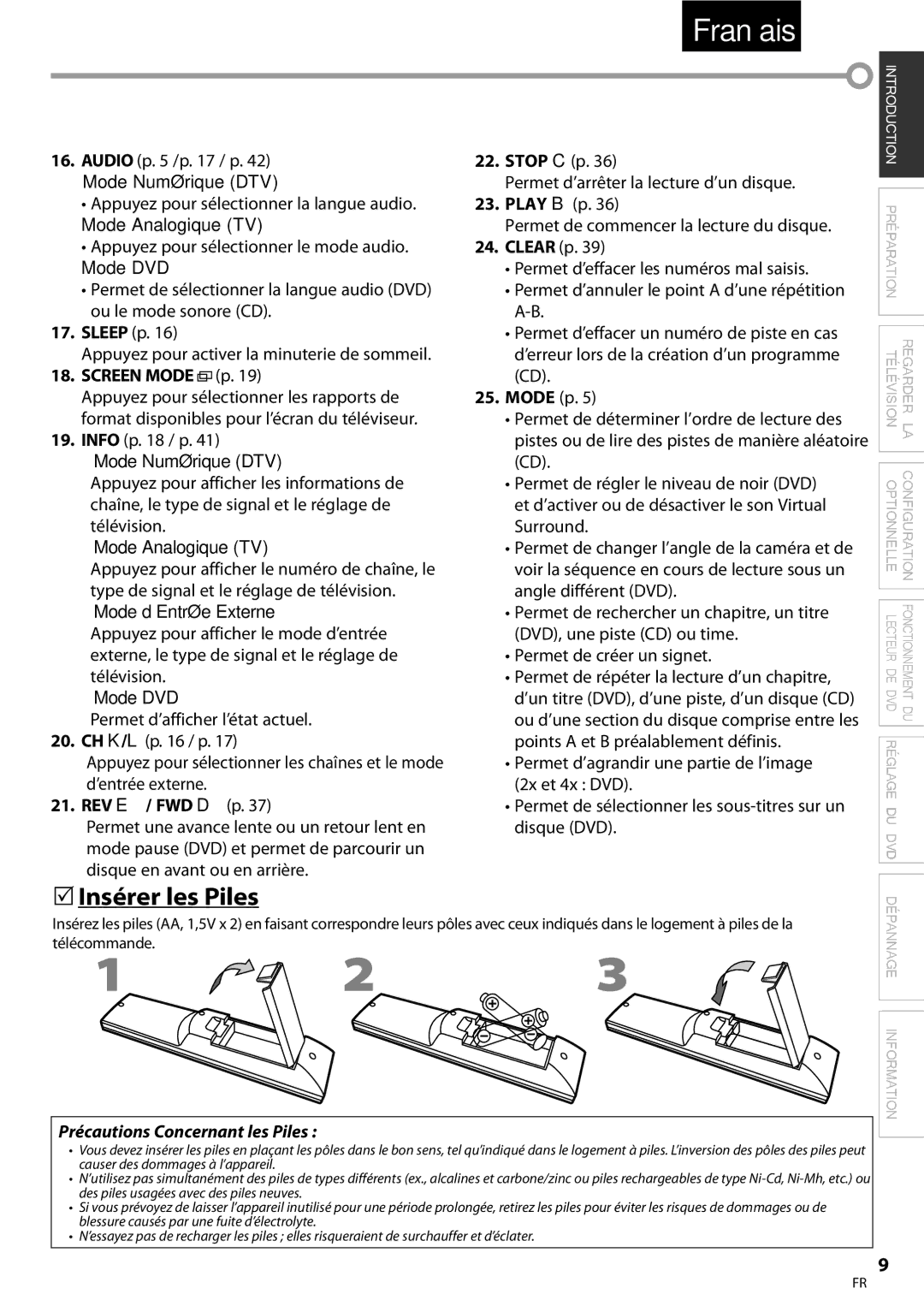 Univex LD190SS1, A9DN1UH owner manual  Insérer les Piles, Précautions Concernant les Piles 