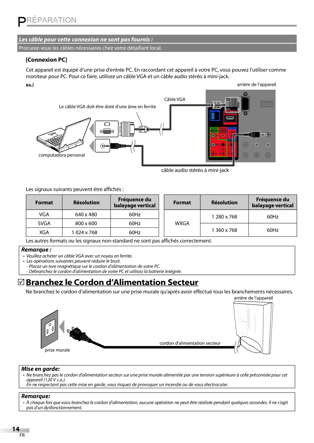 Univex A9DN1UH, LD190SS1 owner manual  Branchez le Cordon d’Alimentation Secteur, Connexion PC, Mise en garde 