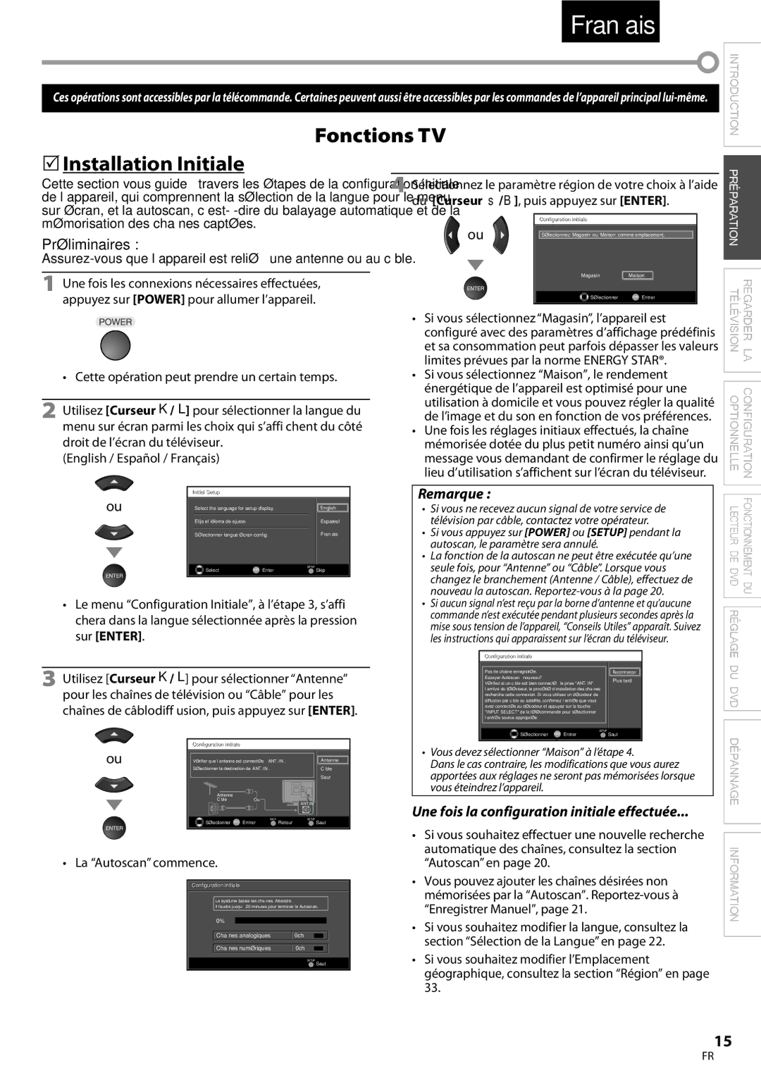 Univex LD190SS1, A9DN1UH Fonctions TV  Installation Initiale, Préliminaires, Une fois la configuration initiale effectuée 