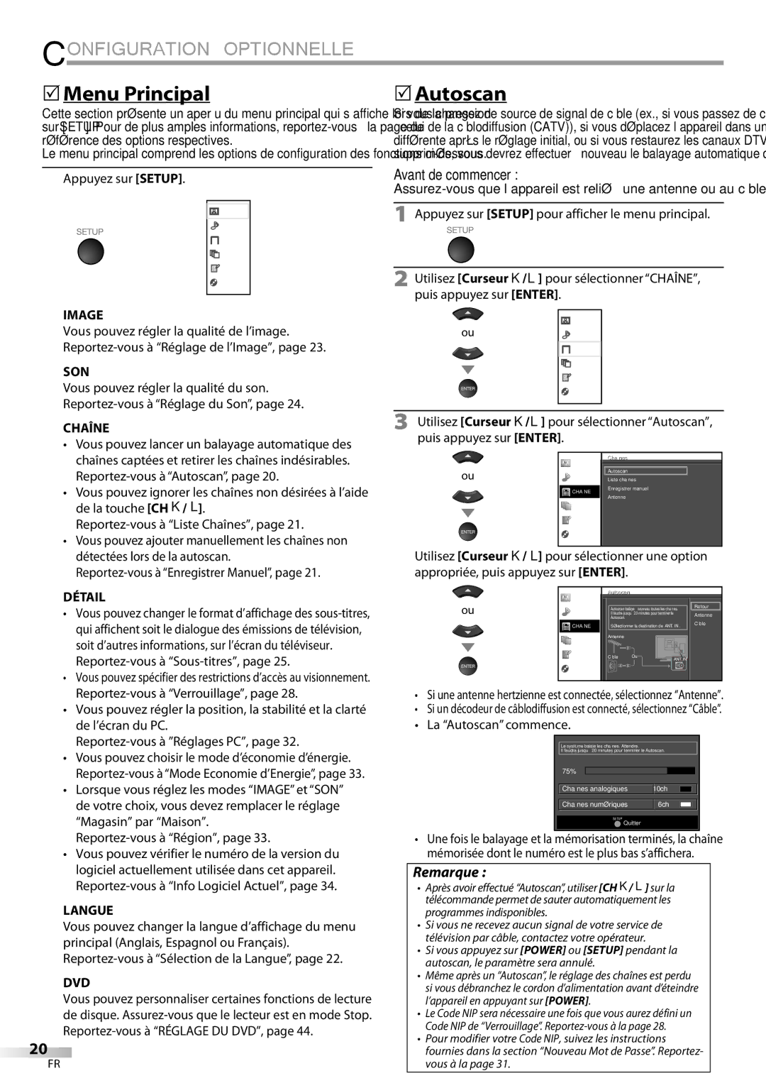 Univex A9DN1UH, LD190SS1 owner manual Configuration Optionnelle,  Menu Principal, Avant de commencer 