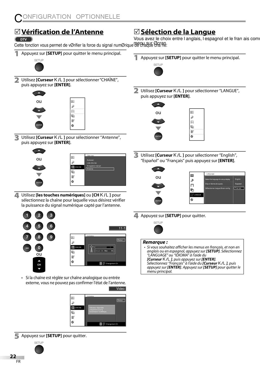 Univex A9DN1UH, LD190SS1 owner manual  Vérification de l’Antenne,  Sélection de la Langue 