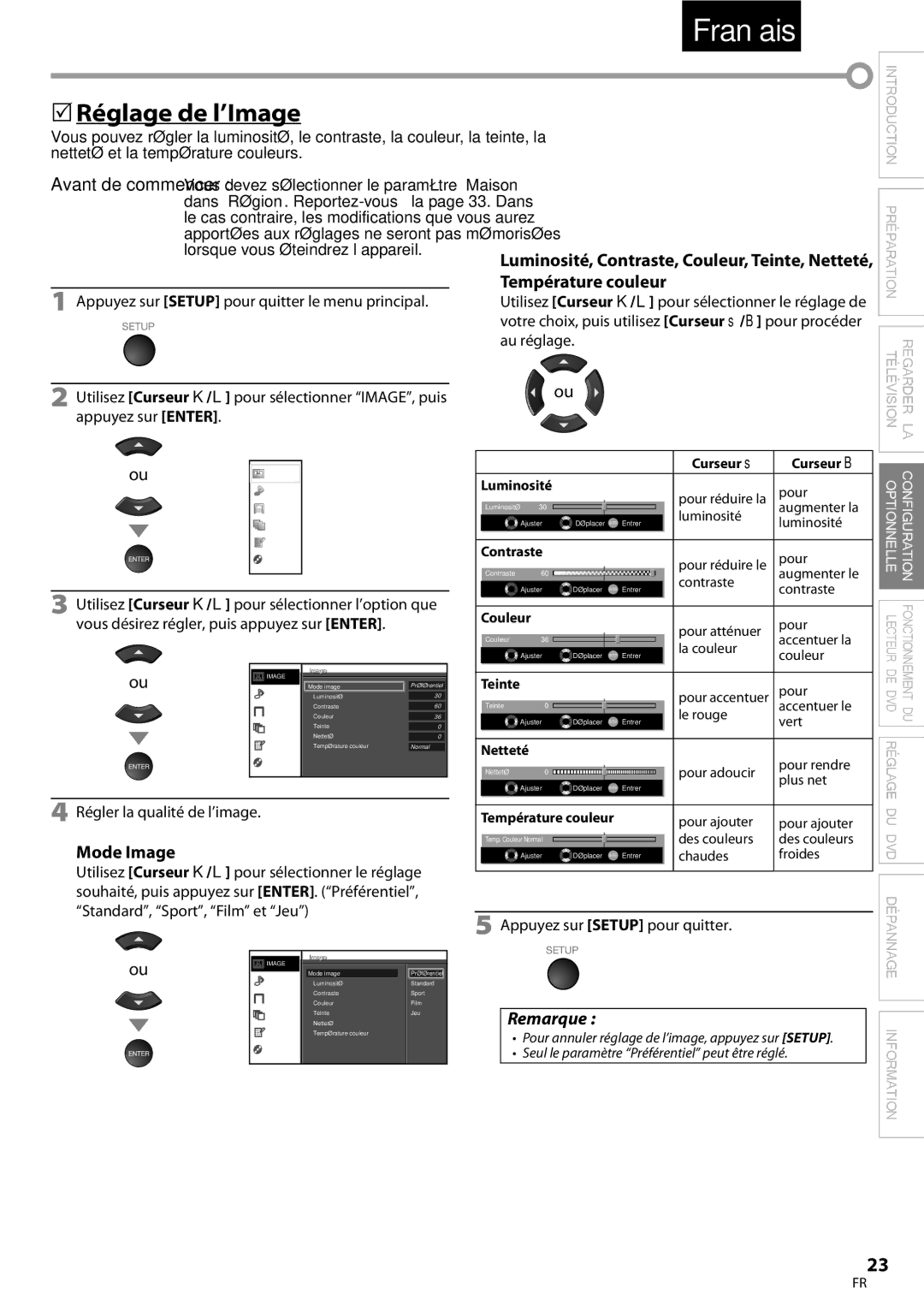 Univex LD190SS1, A9DN1UH owner manual  Réglage de l’Image, Mode Image, Régler la qualité de l’image, Température couleur 