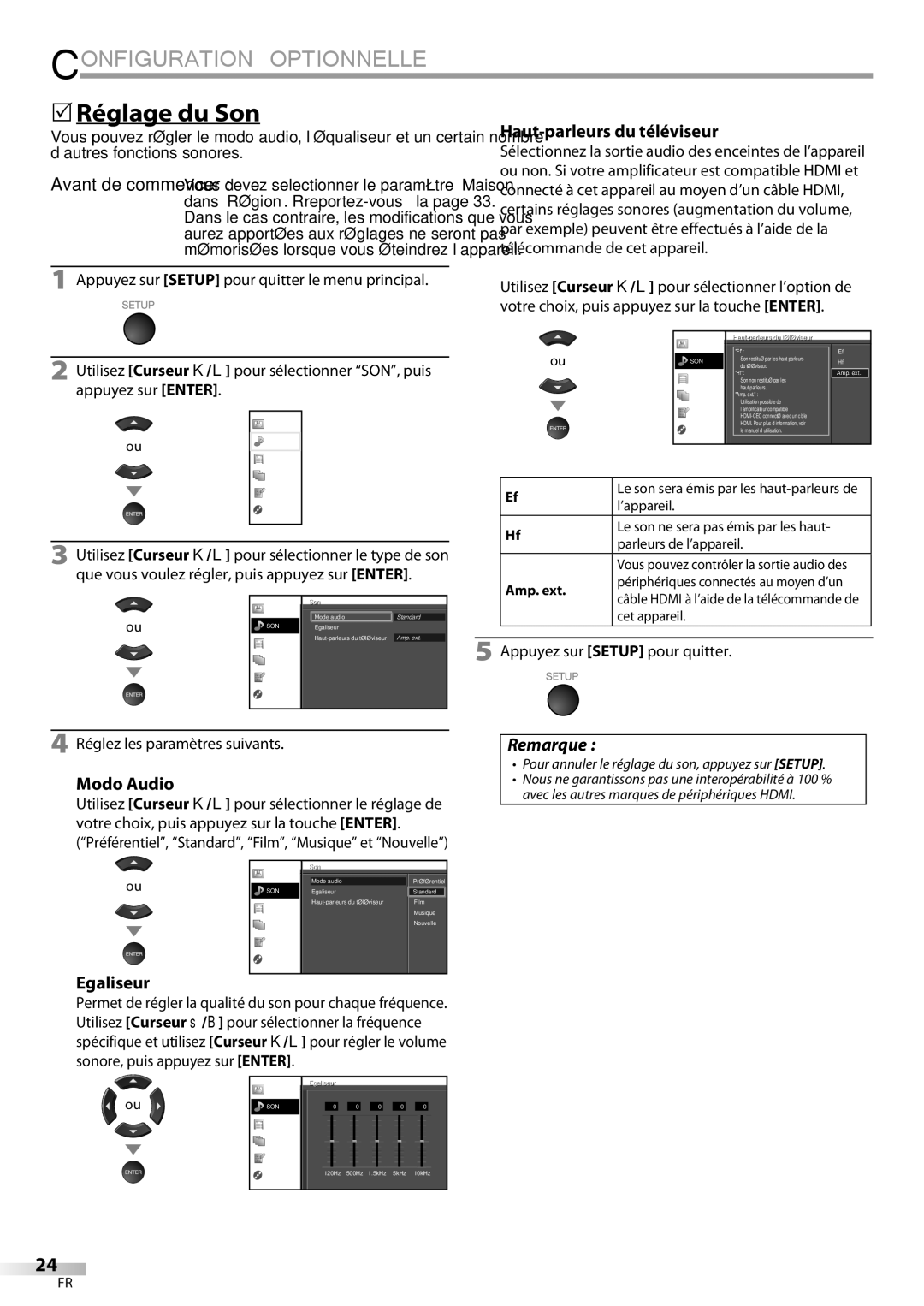 Univex A9DN1UH, LD190SS1 owner manual  Réglage du Son, Haut-parleurs du téléviseur, Modo Audio, Egaliseur 