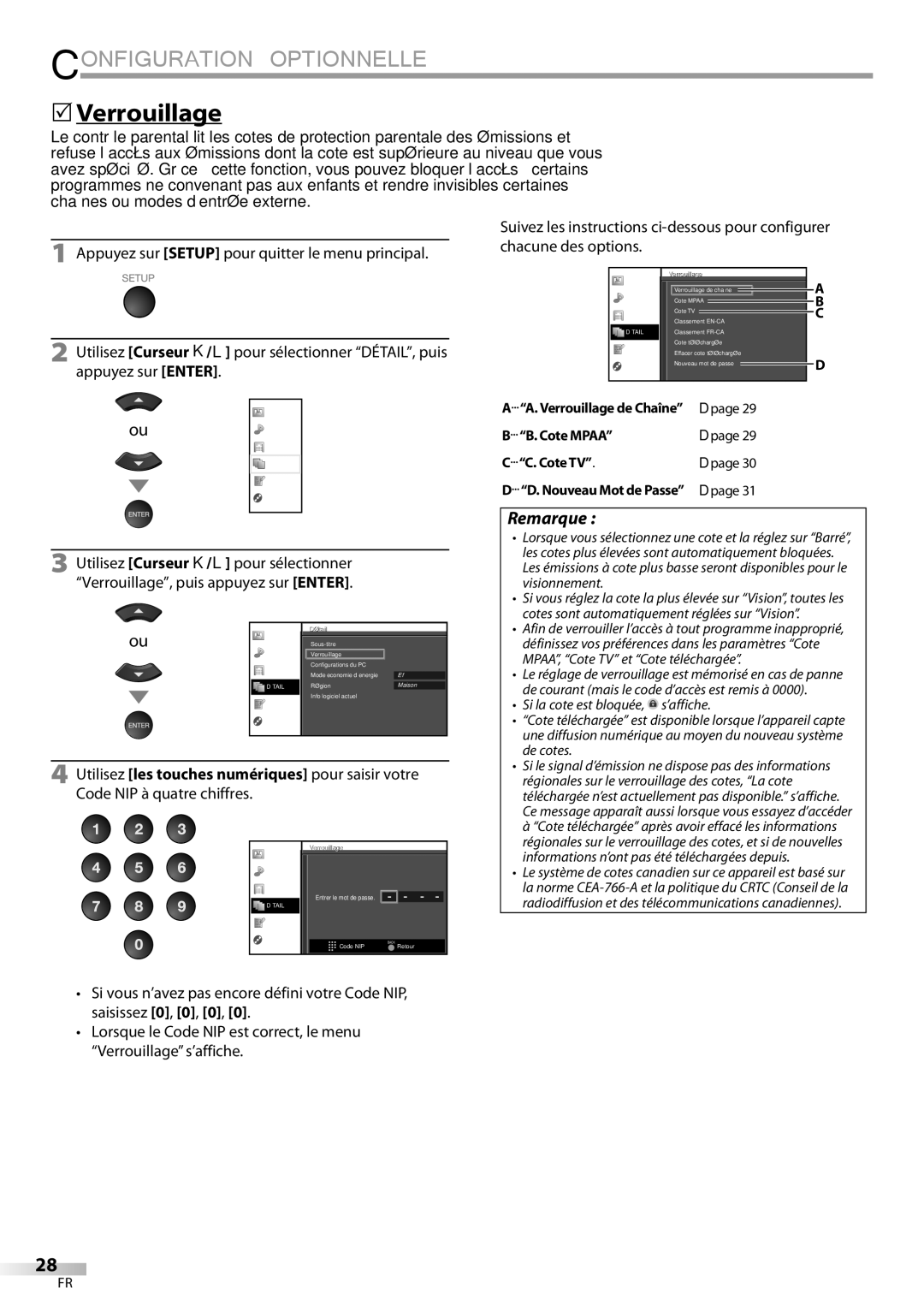 Univex A9DN1UH, LD190SS1  Verrouillage, Verrouillage de Chaîne page Cote Mpaa, Cote TV, Nouveau Mot de Passe page 