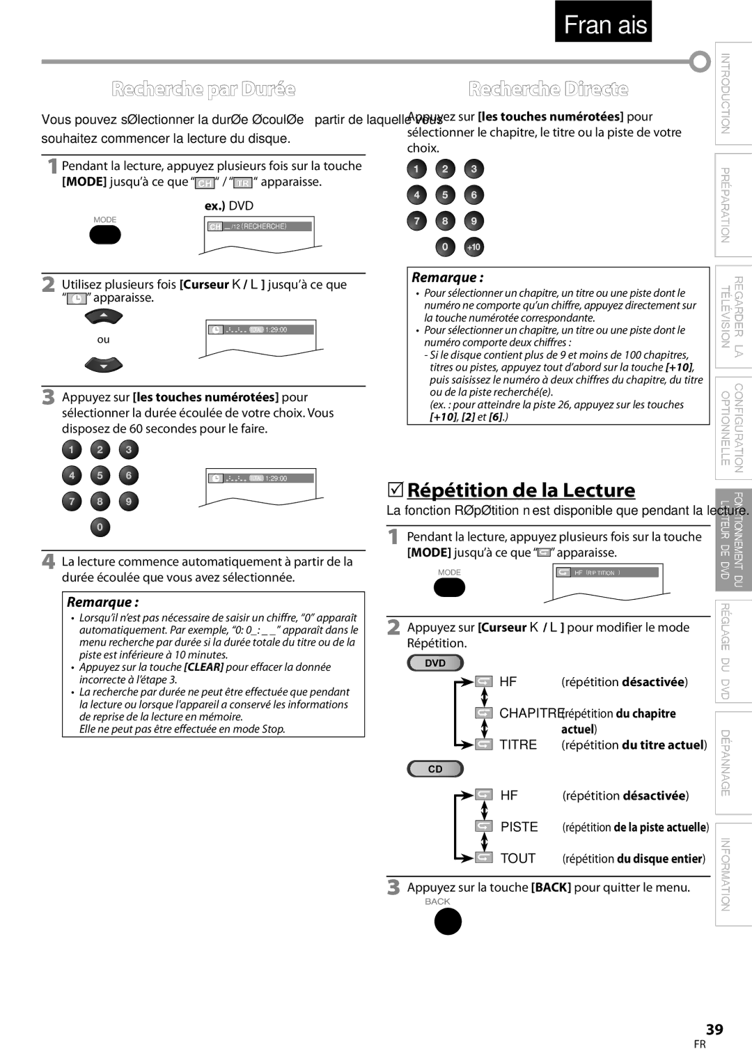 Univex LD190SS1, A9DN1UH owner manual Recherche par Durée, Recherche Directe,  Répétition de la Lecture 