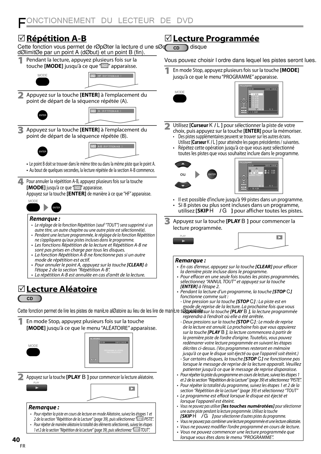 Univex A9DN1UH, LD190SS1 owner manual  Répétition A-B,  Lecture Programmée,  Lecture Aléatoire 