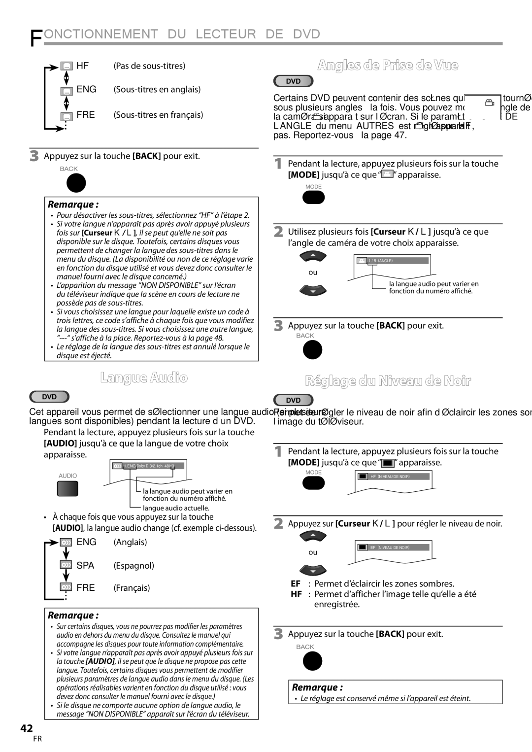 Univex A9DN1UH, LD190SS1 owner manual Angles de Prise de Vue, Langue Audio, Réglage du Niveau de Noir 