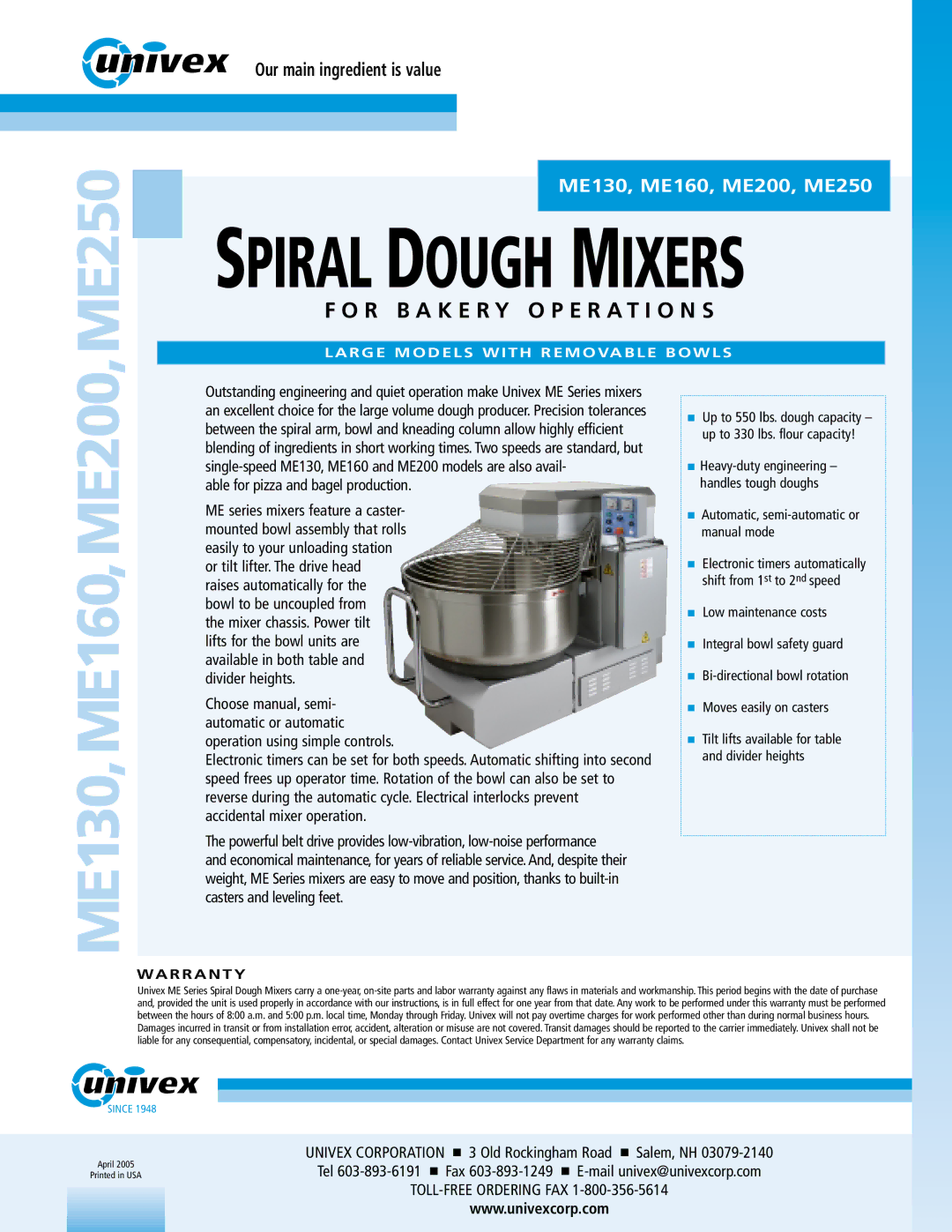 Univex ME250, ME200, ME160, ME130 warranty Spiral Dough Mixers, Warranty 