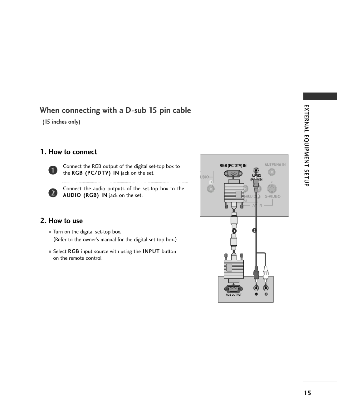 Univex 15LS1RA, 20LS1RA When connecting with a D-sub 15 pin cable, Connect the RGB output of the digital set-top box to 