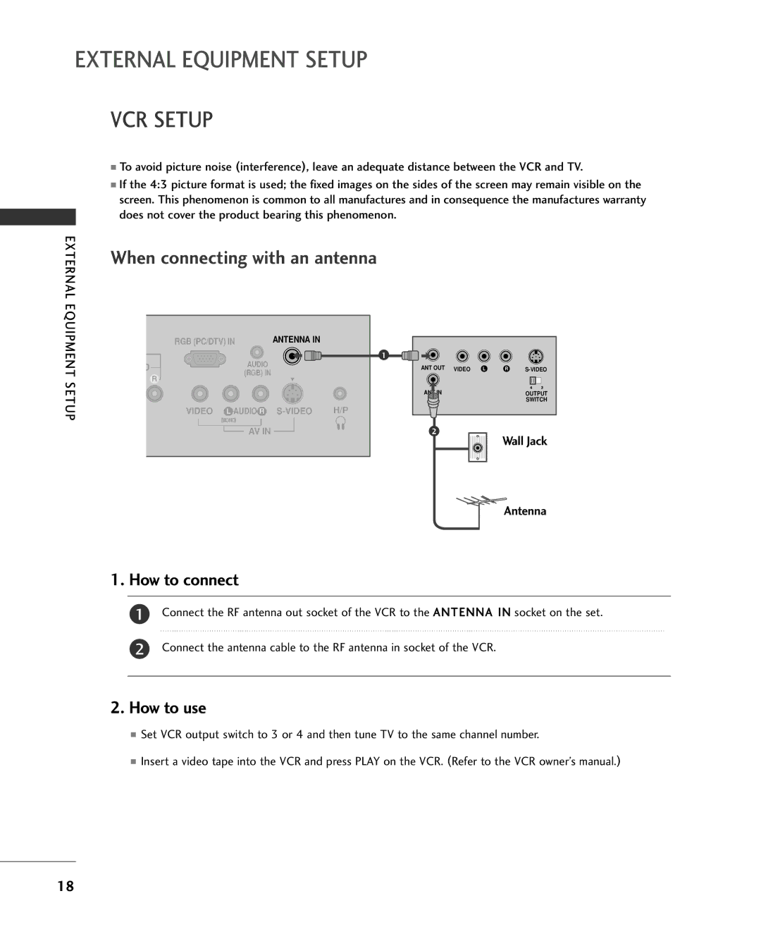 Univex 15LS1RA, MFL34797015, 20LS1RA owner manual VCR Setup, When connecting with an antenna, Equipment Setup 