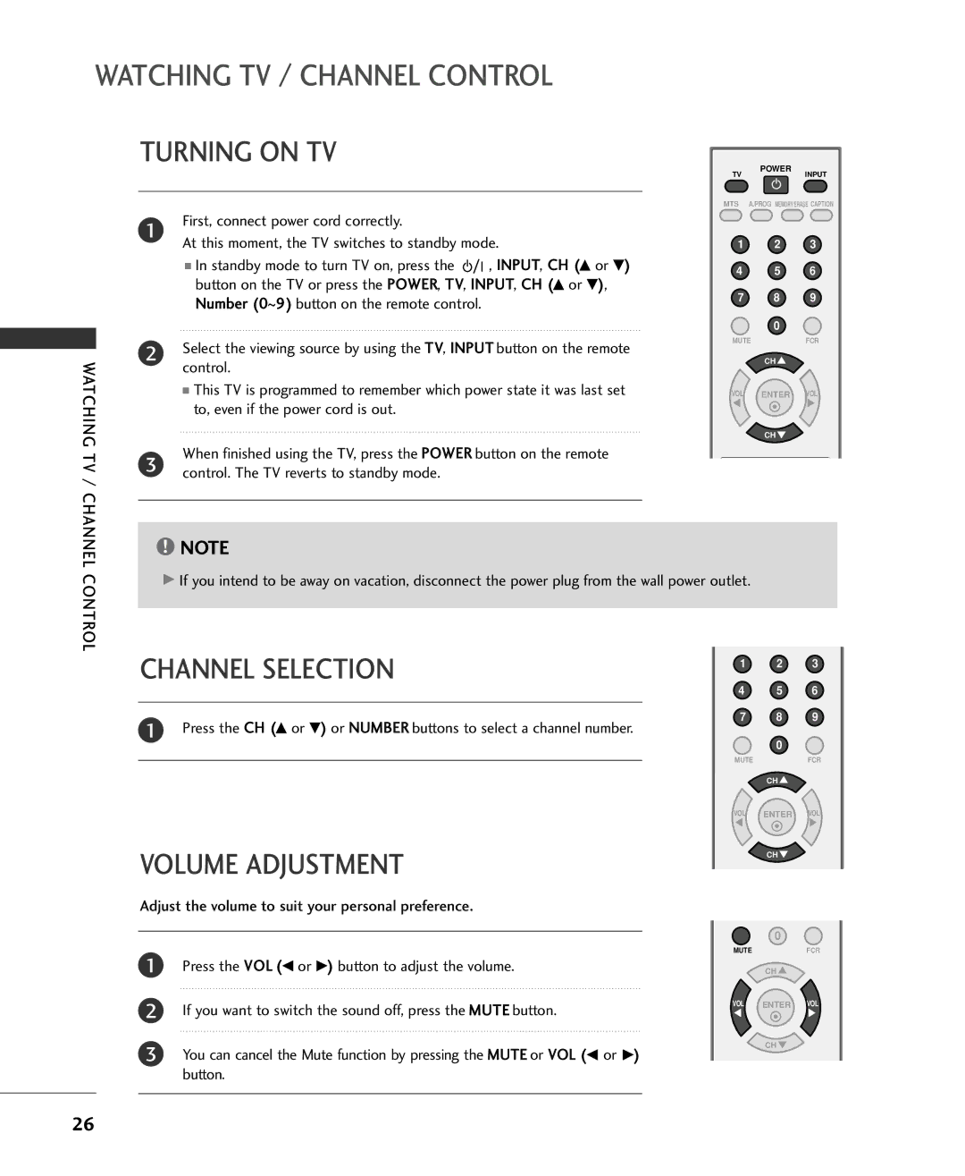 Univex 20LS1RA, MFL34797015, 15LS1RA Watching TV / Channel Control, Turning on TV, Channel Selection, Volume Adjustment 