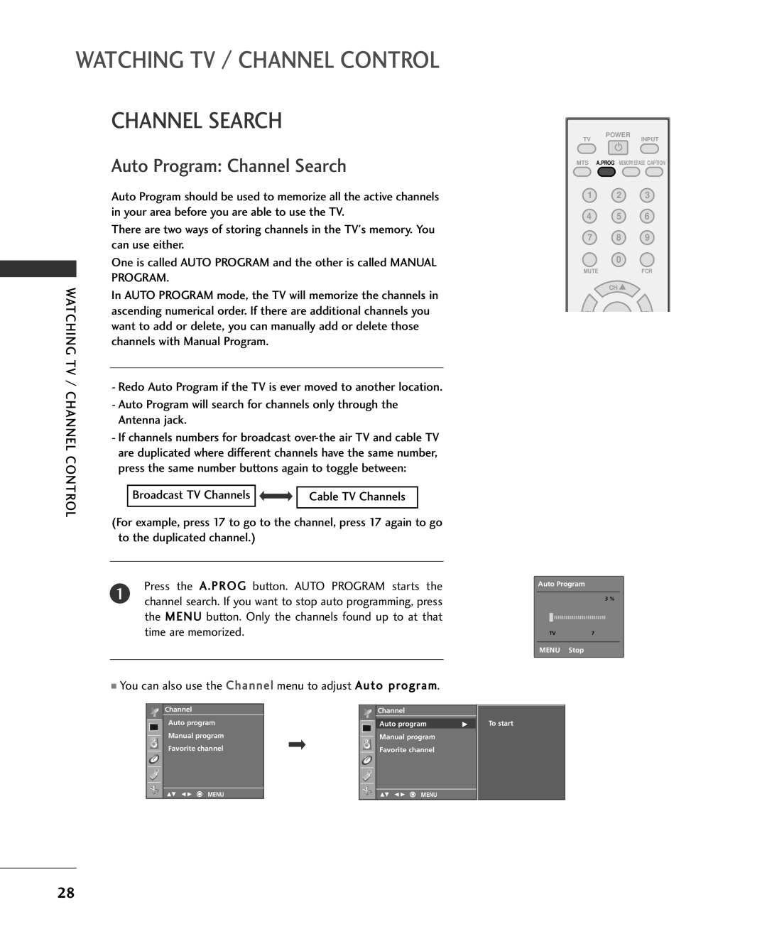 Univex MFL34797015, 20LS1RA, 15LS1RA owner manual Channel Search, You can also use the Channel menu to adjust Auto program 