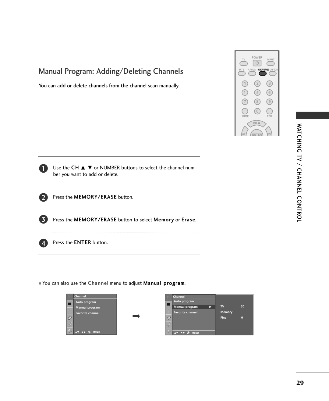 Univex 20LS1RA Manual Program Adding/Deleting Channels, You can also use the Channel menu to adjust Manual program 