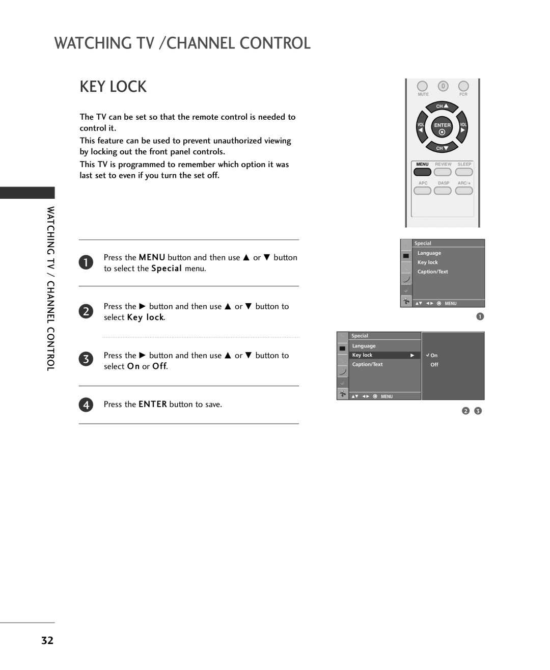 Univex 20LS1RA, MFL34797015, 15LS1RA KEY Lock, Watching, To select the Special menu, Select Key lock, Select O n or Off 