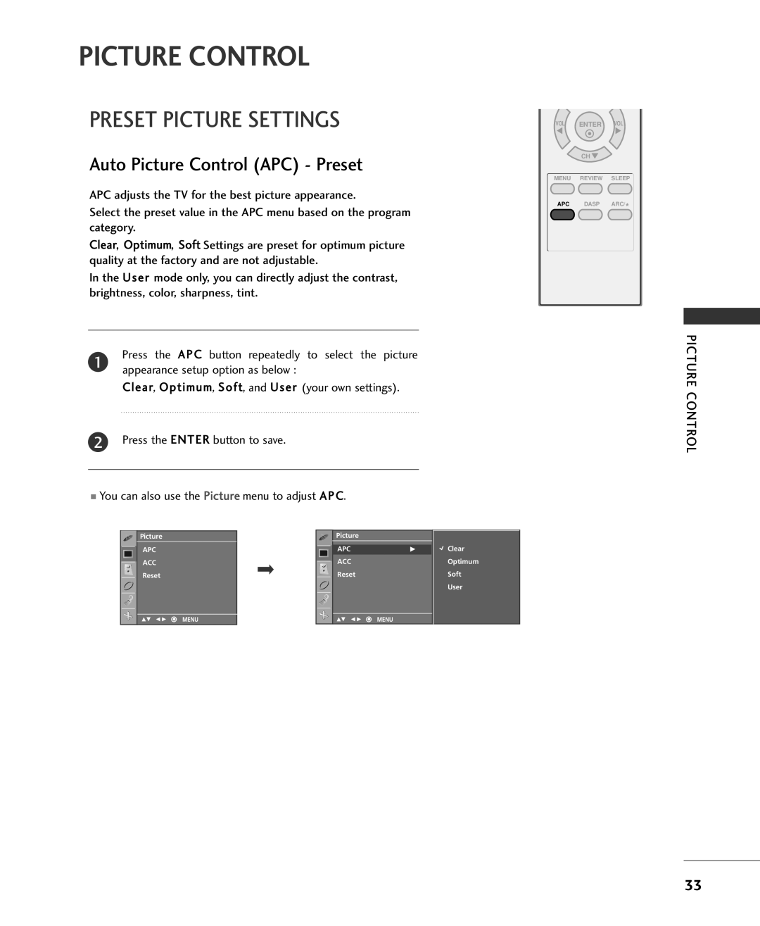 Univex 15LS1RA, MFL34797015, 20LS1RA owner manual Picture Control, Preset Picture Settings 