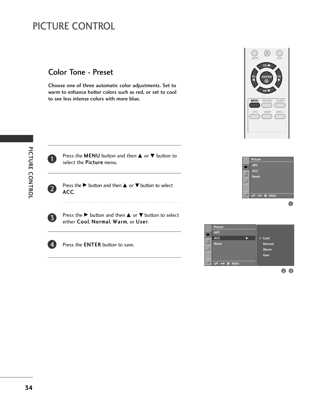 Univex MFL34797015, 20LS1RA Picture Control, Press the Menu button and then D or E button to, Select the Picture menu, Acc 