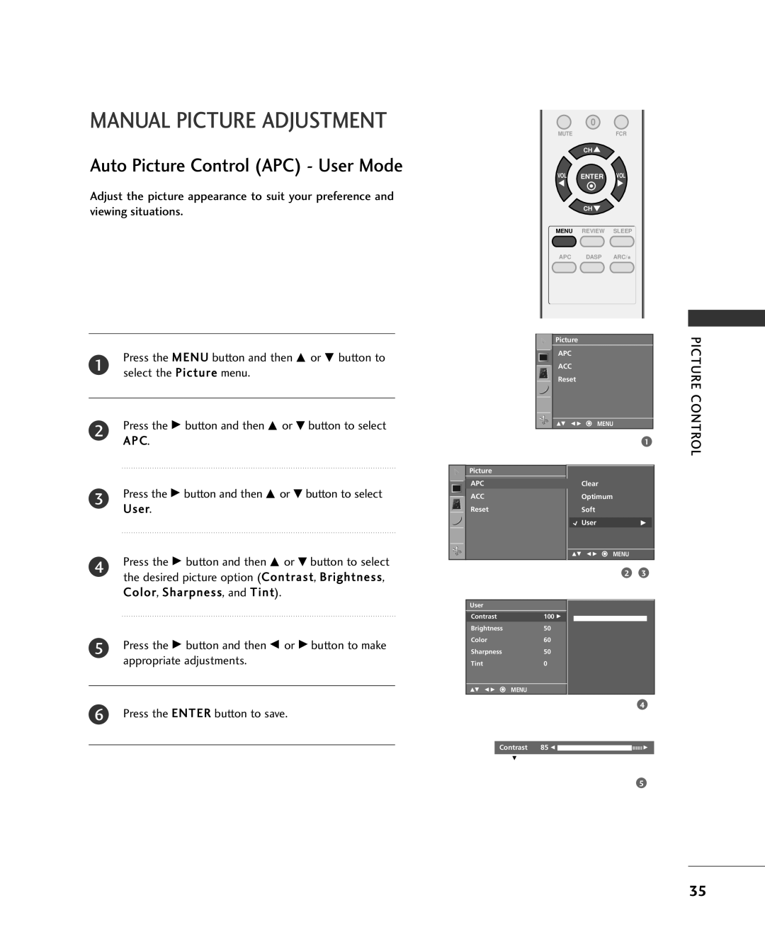 Univex 20LS1RA, MFL34797015, 15LS1RA owner manual Manual Picture Adjustment, Auto Picture Control APC User Mode 