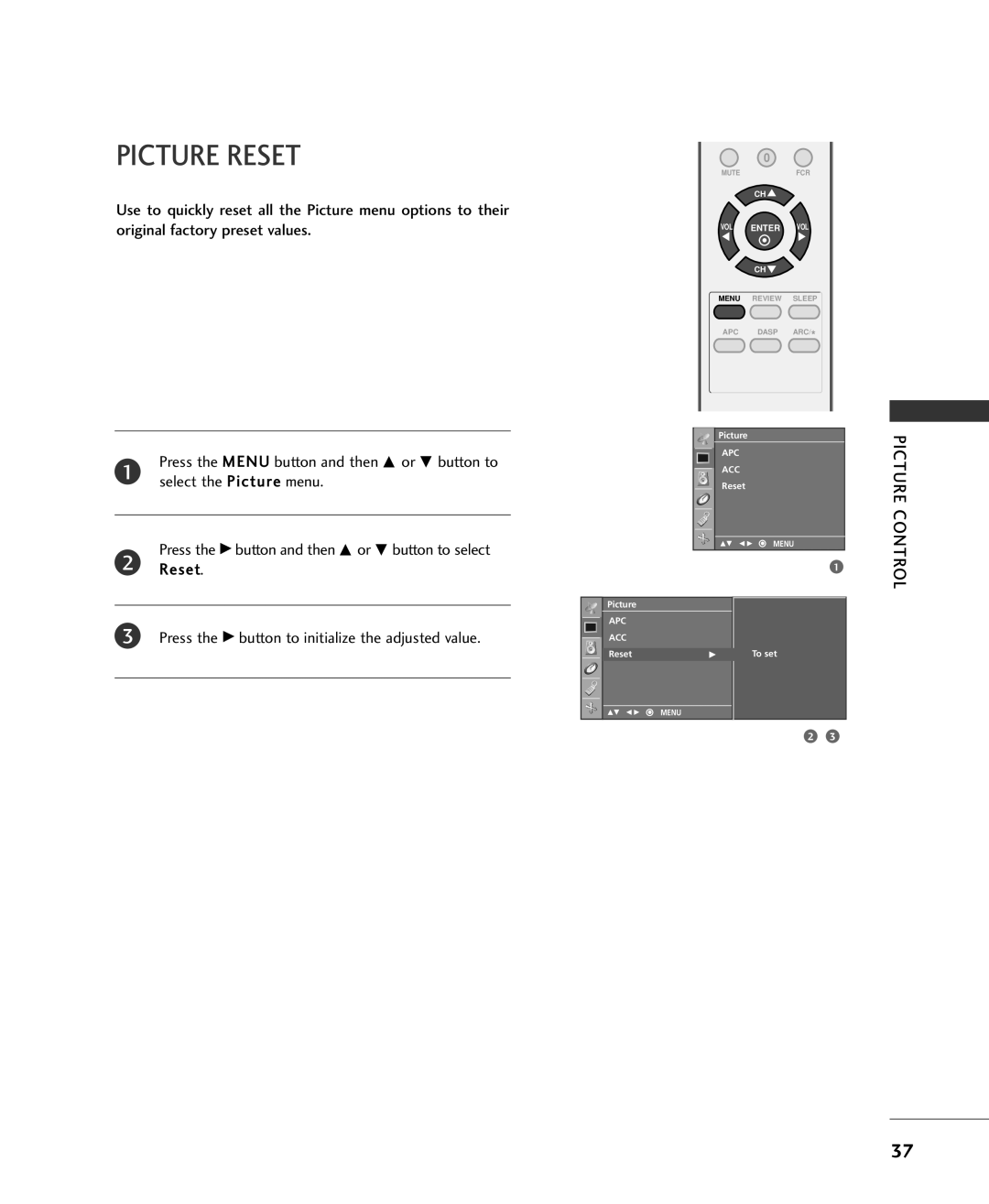 Univex MFL34797015, 20LS1RA, 15LS1RA owner manual Picture Reset 