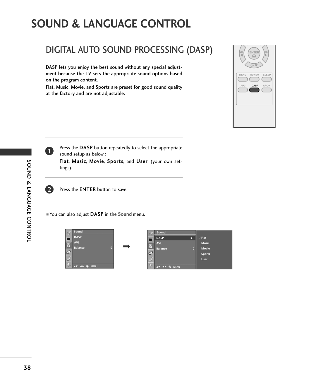 Univex 20LS1RA, MFL34797015, 15LS1RA owner manual Sound & Language Control, Digital Auto Sound Processing Dasp 