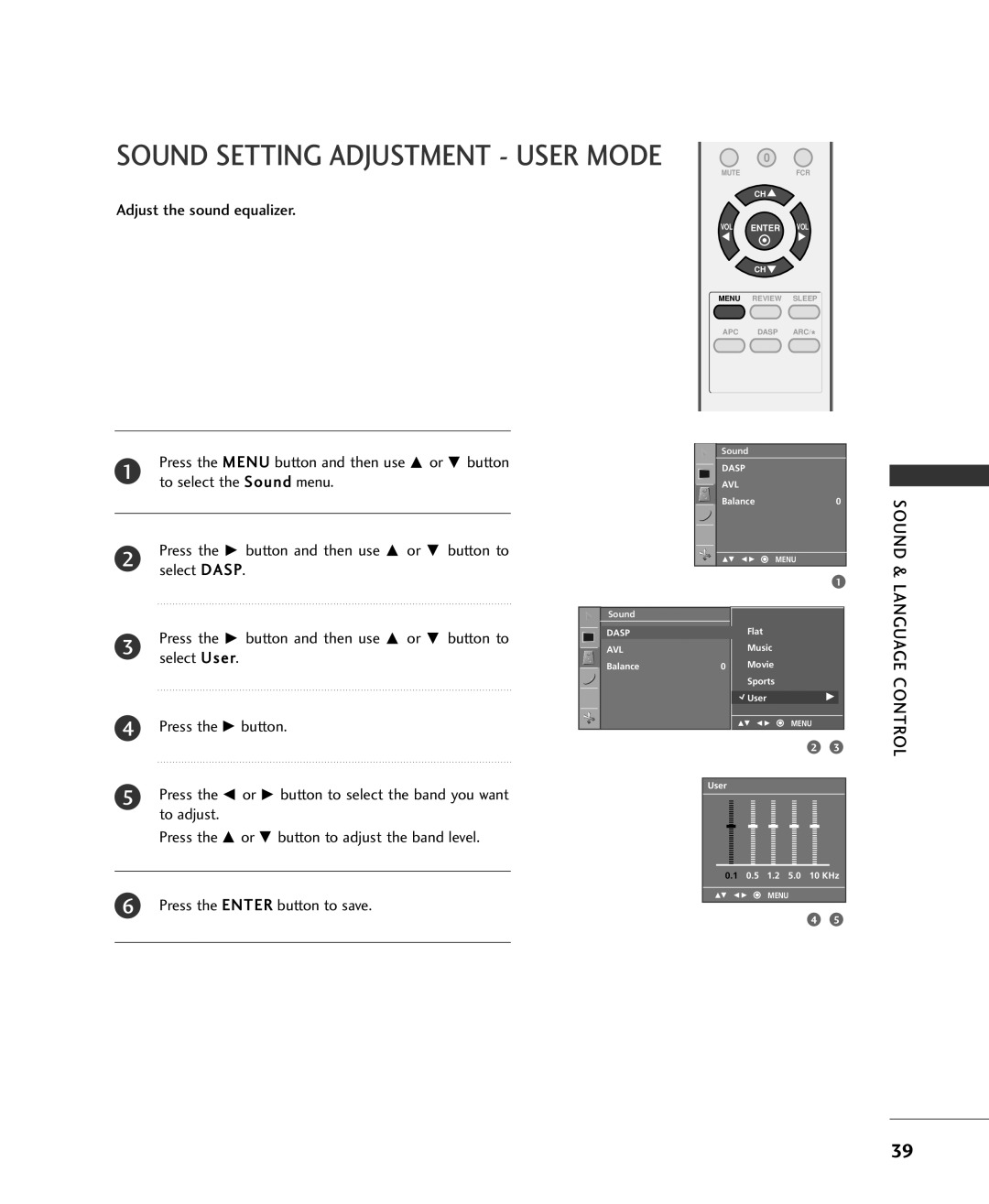 Univex 15LS1RA, MFL34797015, 20LS1RA Adjust the sound equalizer, To select the Sound menu, Sound & Language Control 